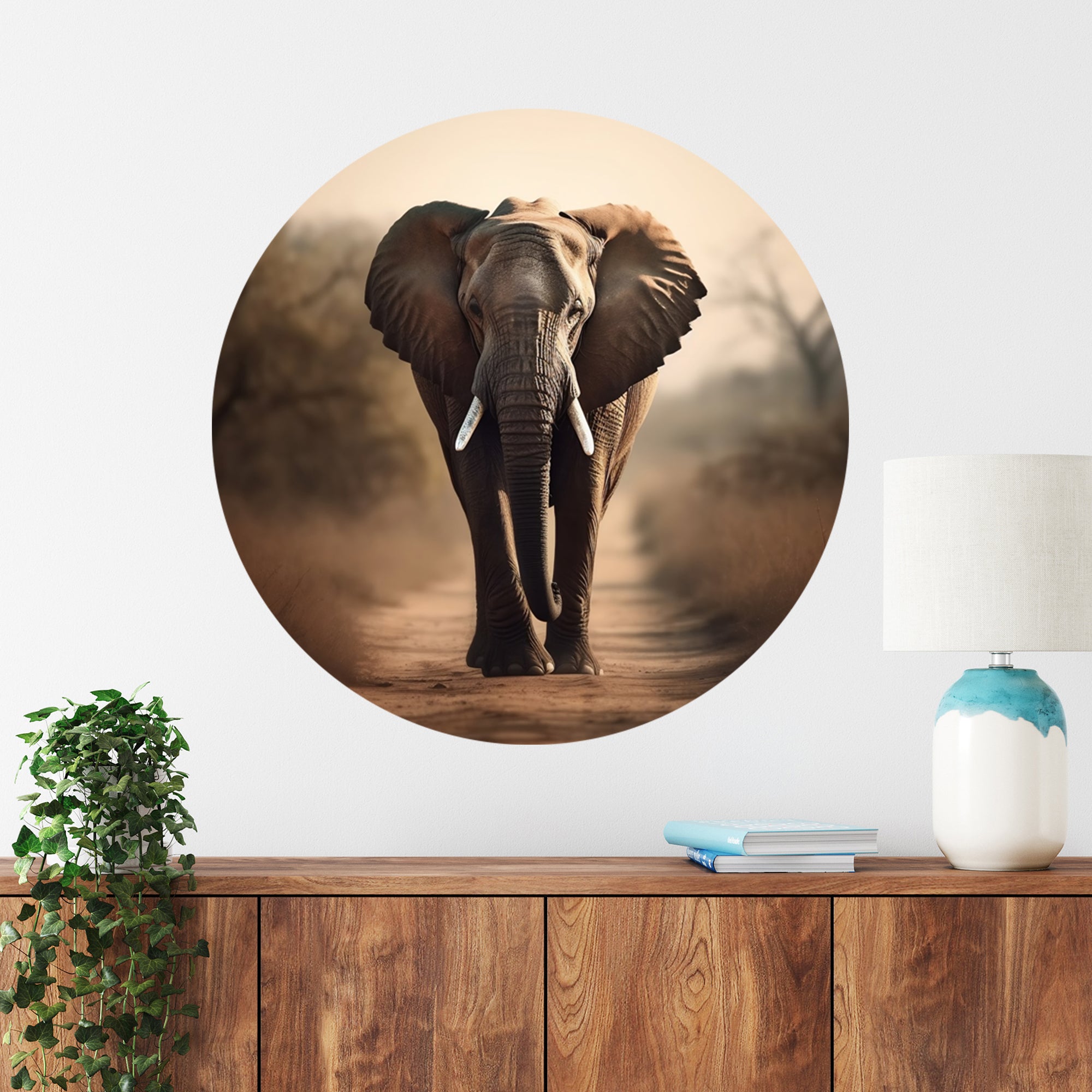 Elefant auf einem Weg, braun, runde Wanddekoration.