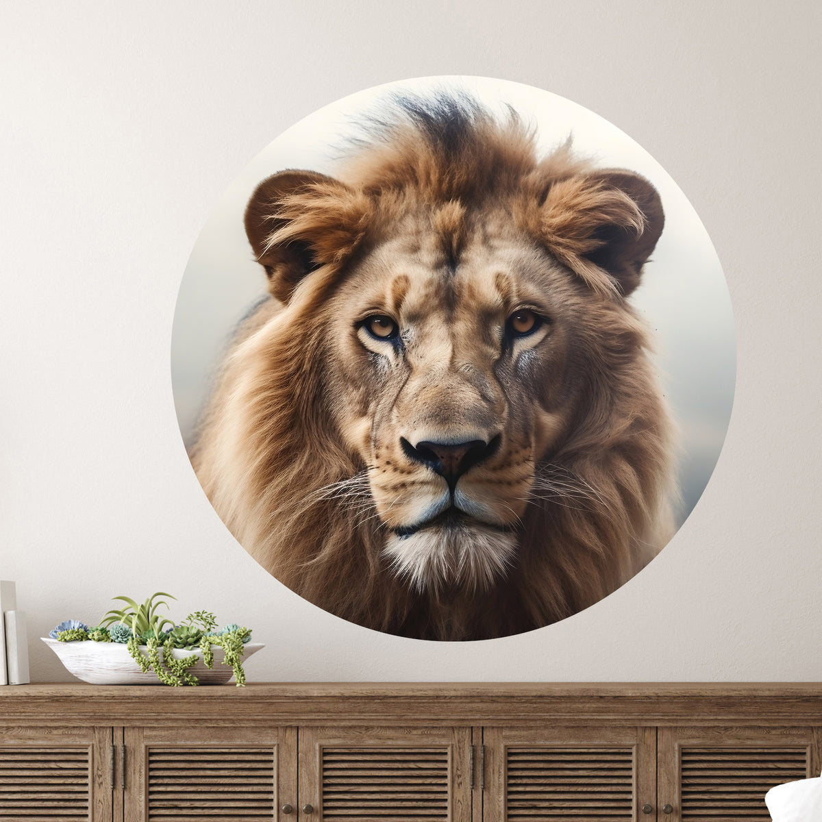 Kreisförmiges Wandbild eines majestätischen Löwenkopfes.