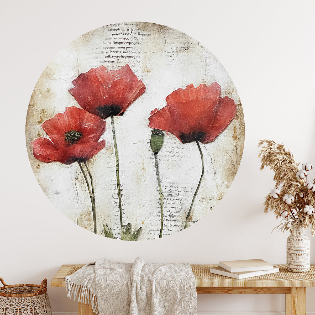 Rote Mohnblumen auf beige-weißem Hintergrund.