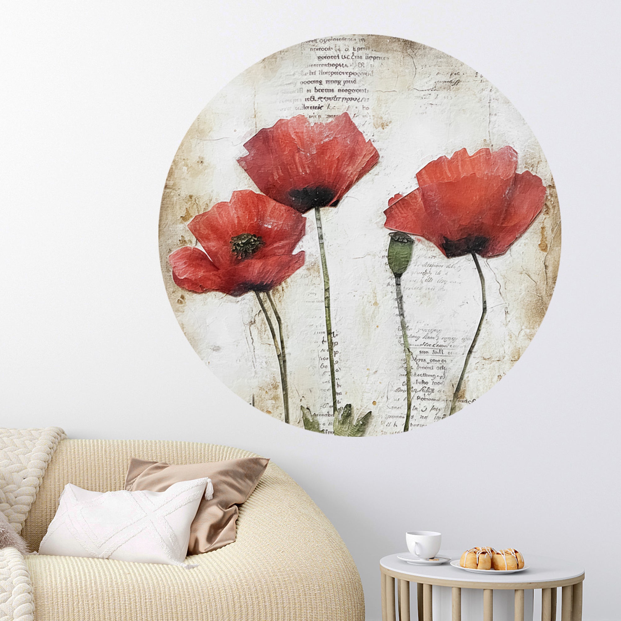 Rote Mohnblumen auf vintage Hintergrund, runde Wanddekoration.