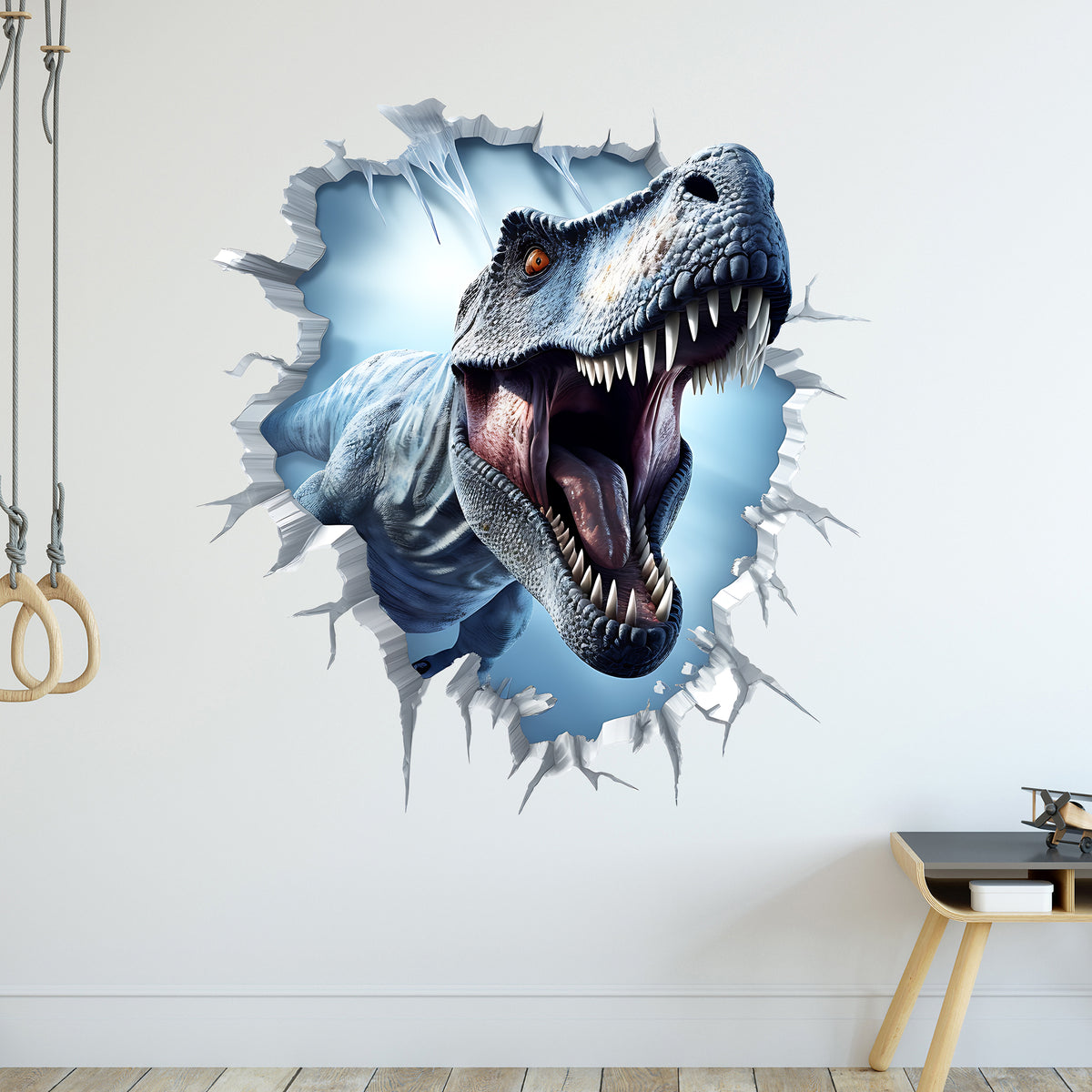 Wandtattoo mit blauem Tyrannosaurus Rex beim Wanddurchbruch