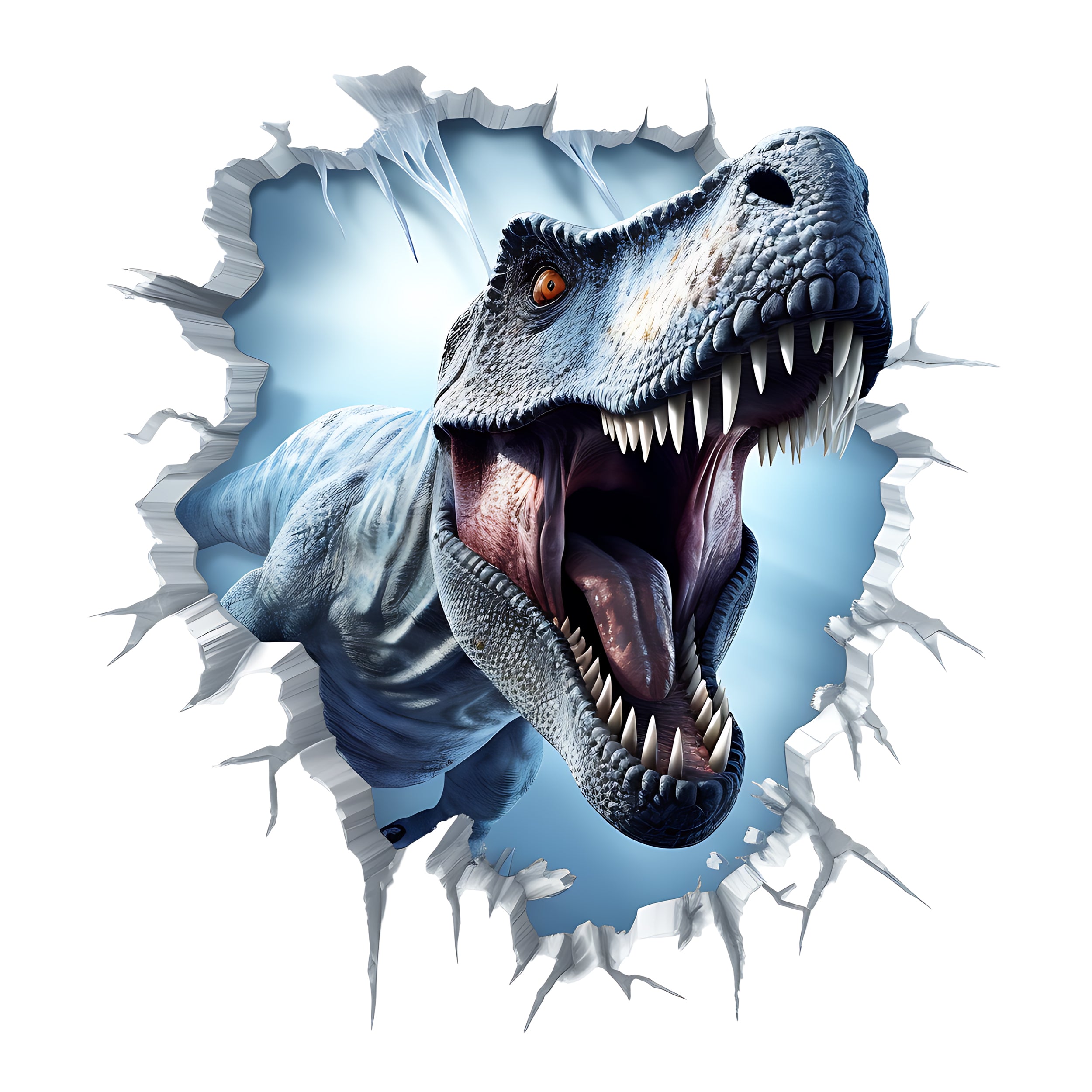 Wandtattoo mit blauem Tyrannosaurus Rex beim Wanddurchbruch als freigestelltes Motiv