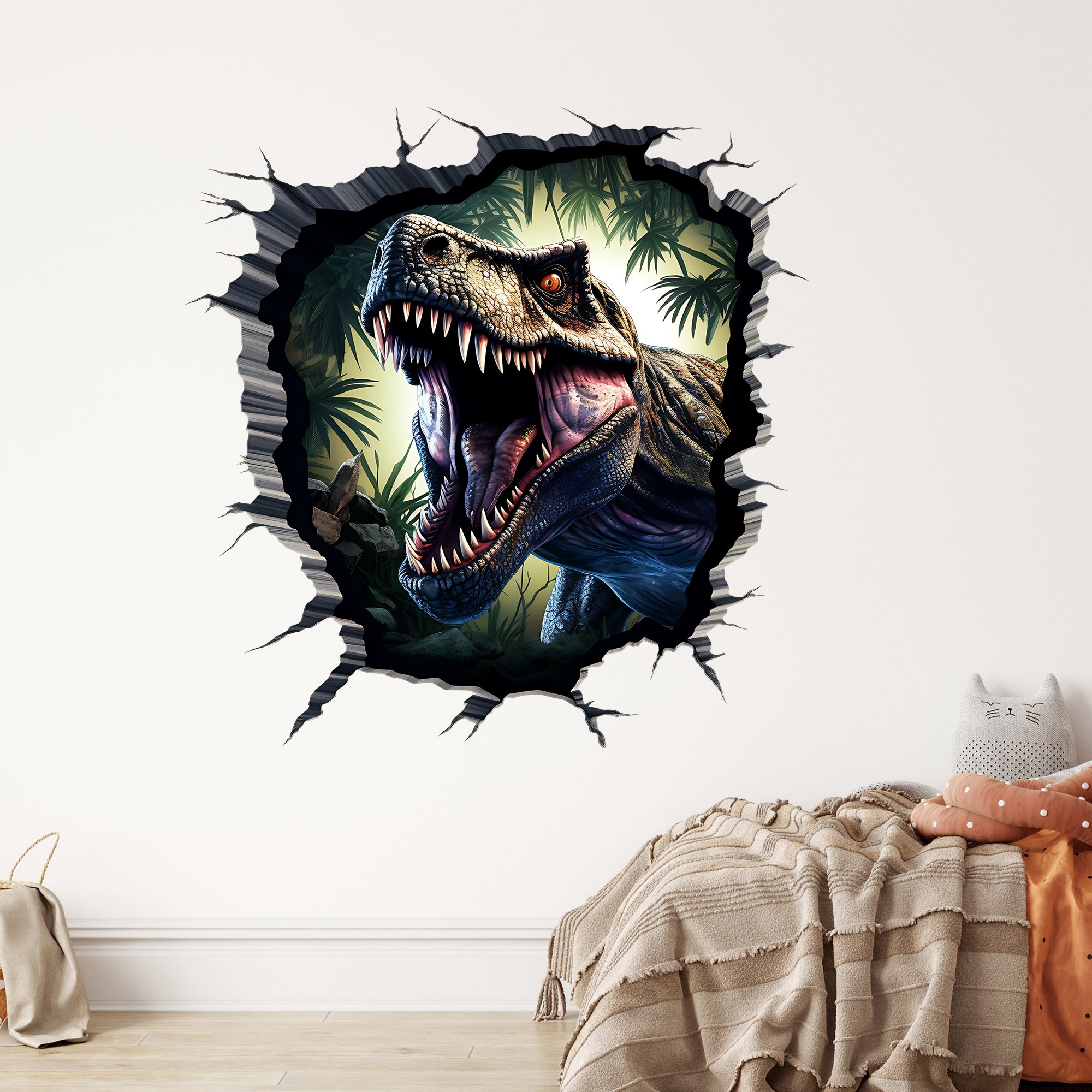 Wandtattoo mit Tyrannosaurus Rex und Dschungel beim Wanddurchbruch