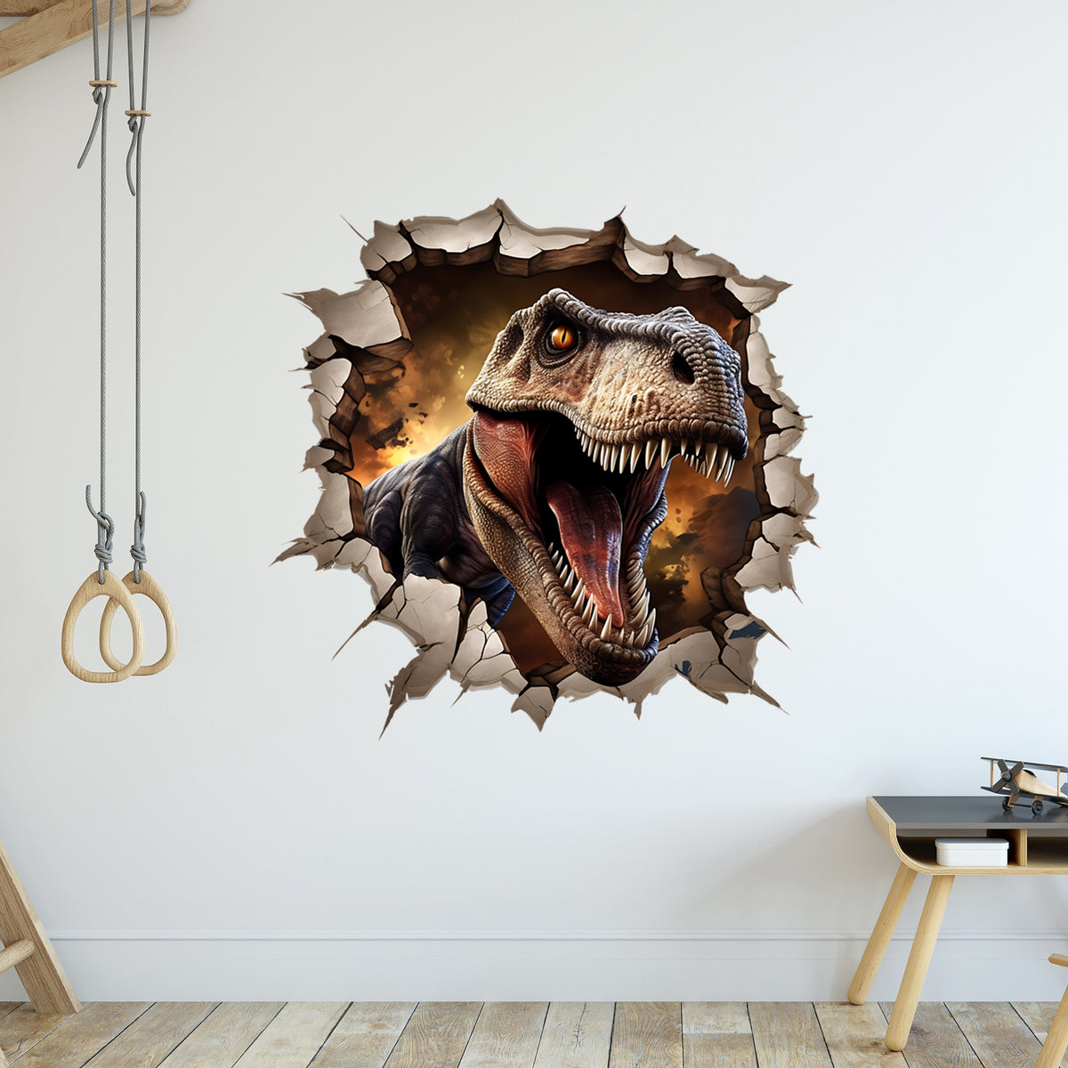 Wandtattoo mit Tyrannosaurus Rex beim Wanddurchbruch im Kinderzimmer