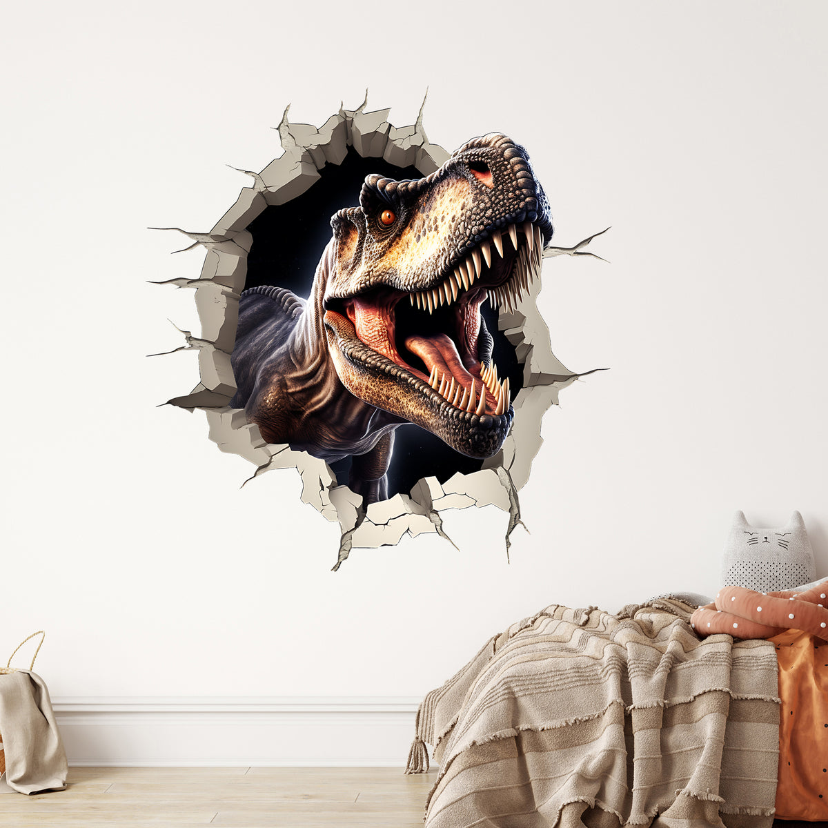 Wandtattoo mit Tyrannosaurus Rex beim Wanddurchbruch über Kinderbett