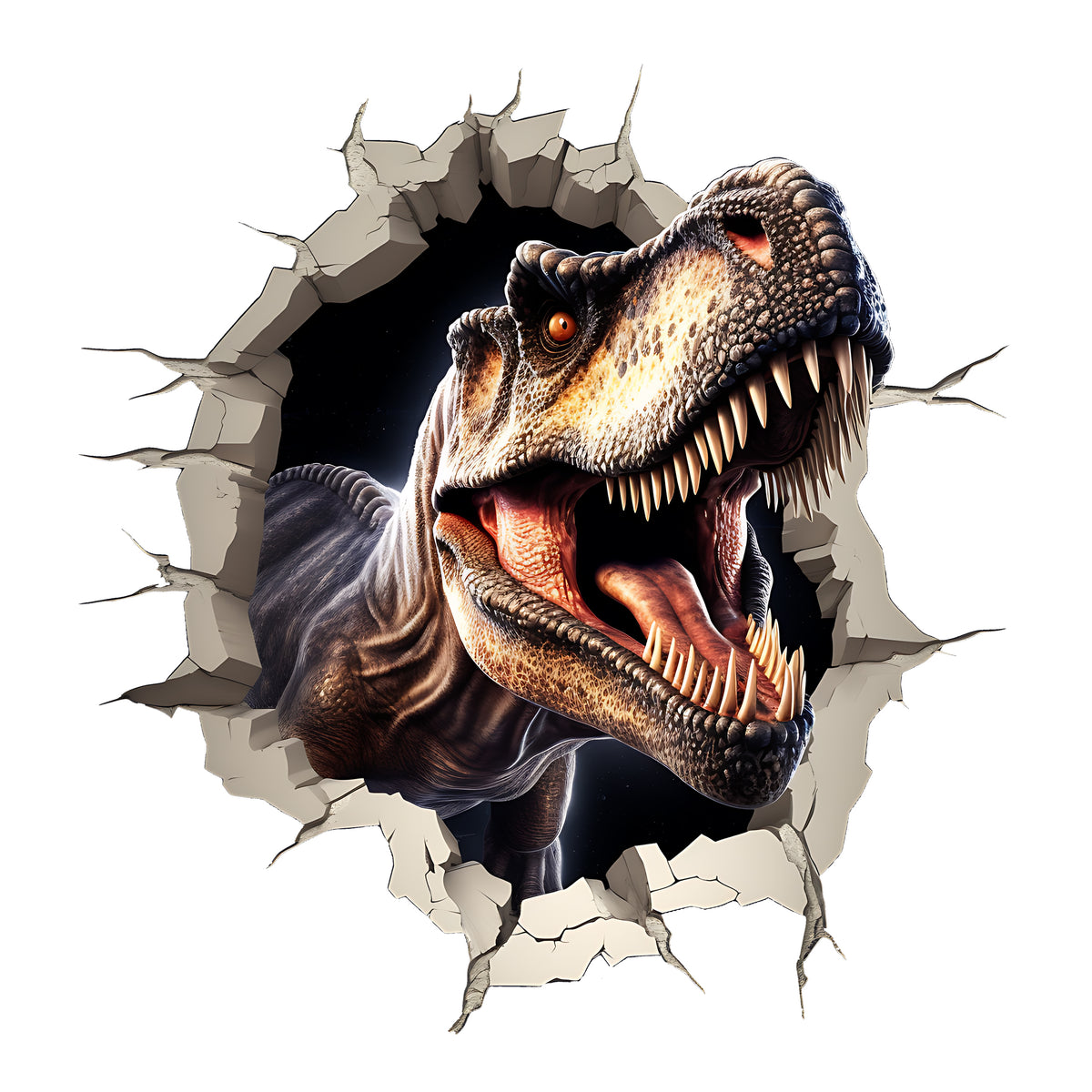 Wandtattoo mit Tyrannosaurus Rex beim Wanddurchbruch als freigestelltes Motiv
