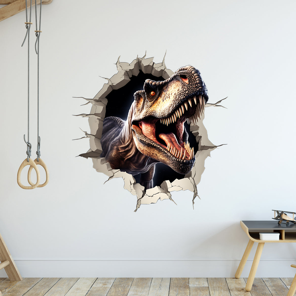 Wandtattoo mit Tyrannosaurus Rex beim Wanddurchbruch im Kinderzimmer
