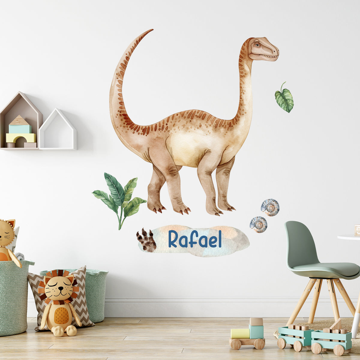 Wandtattoo mit braunem Langhals-Dinosaurier und Wunschname im Kinderzimmer