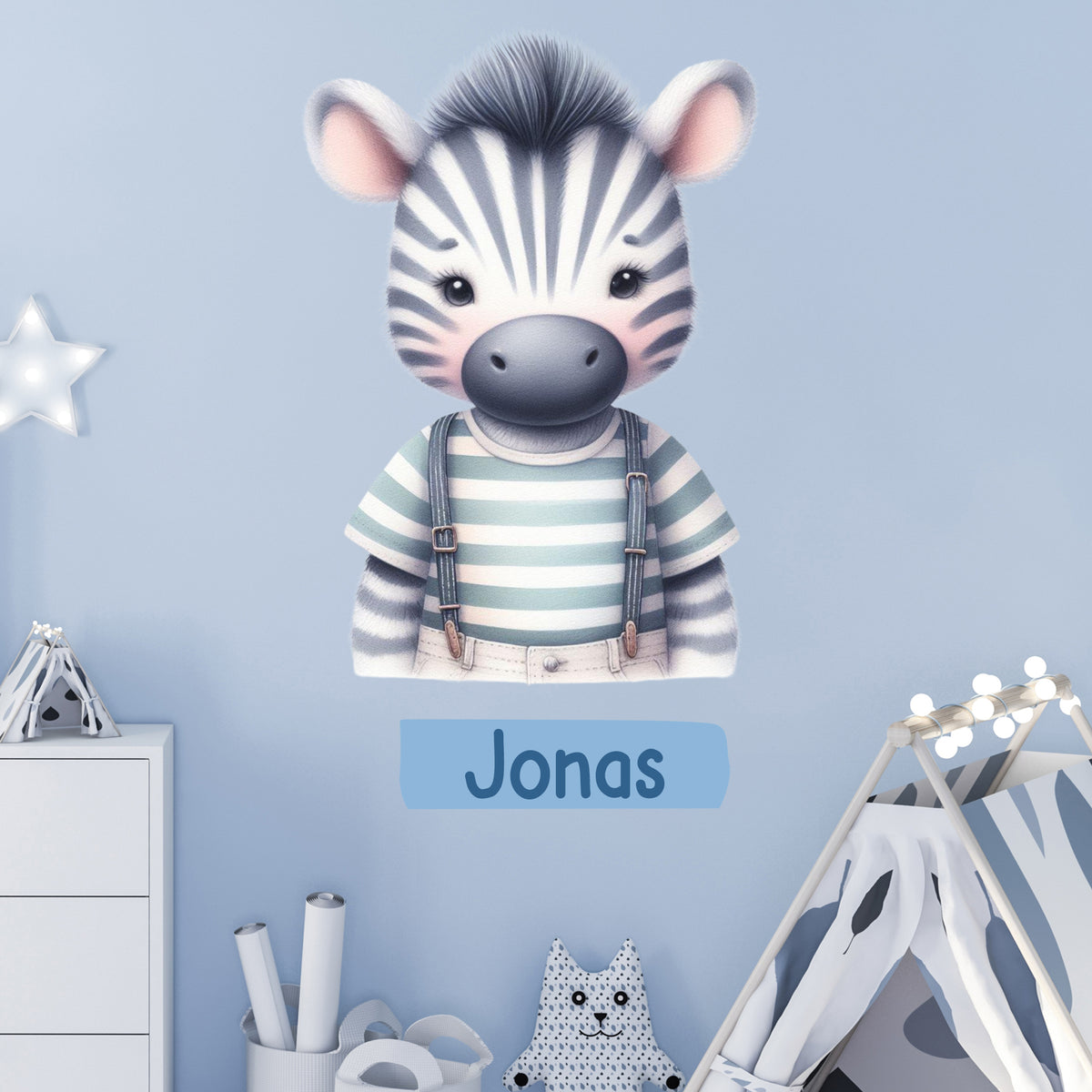 Zebra mit blauen Streifen und Name Jonas, Kinderzimmer-Dekor.