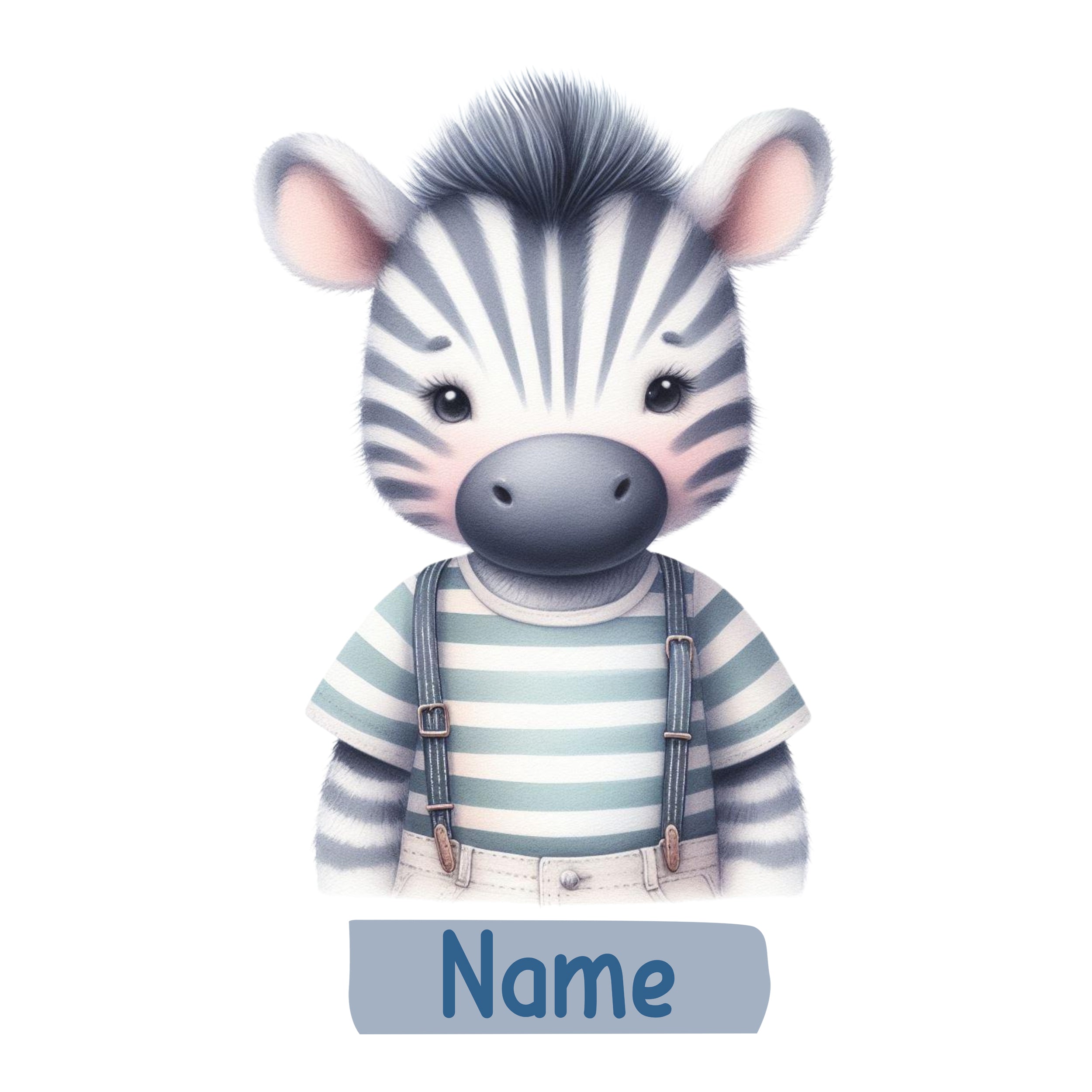 Zebra mit Streifenhemd und Hosenträgern, freundlicher Gesichtsausdruck.