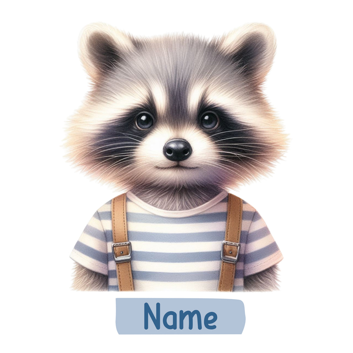 Süßer Waschbär mit gestreiftem Shirt und Hosenträgern.