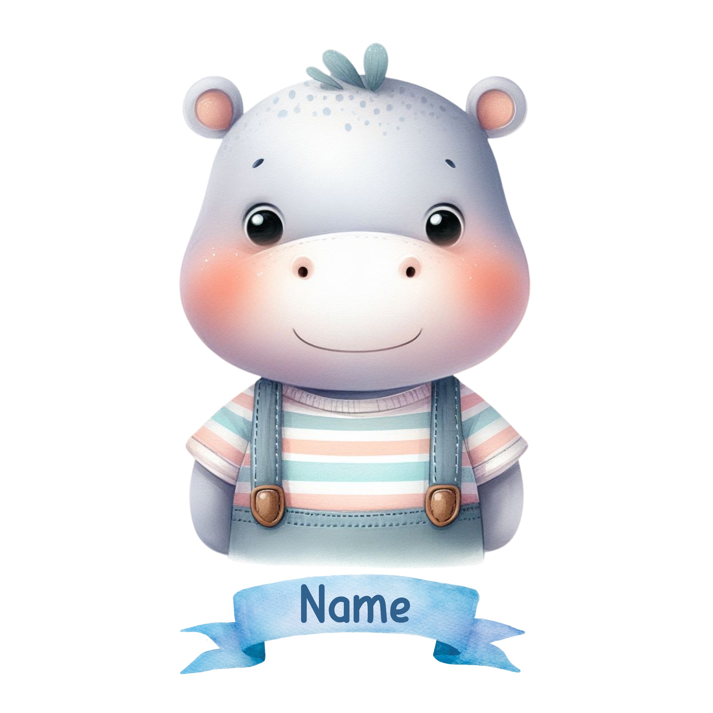 Hippopotamus mit gestreiftem Shirt und blauem Banner.