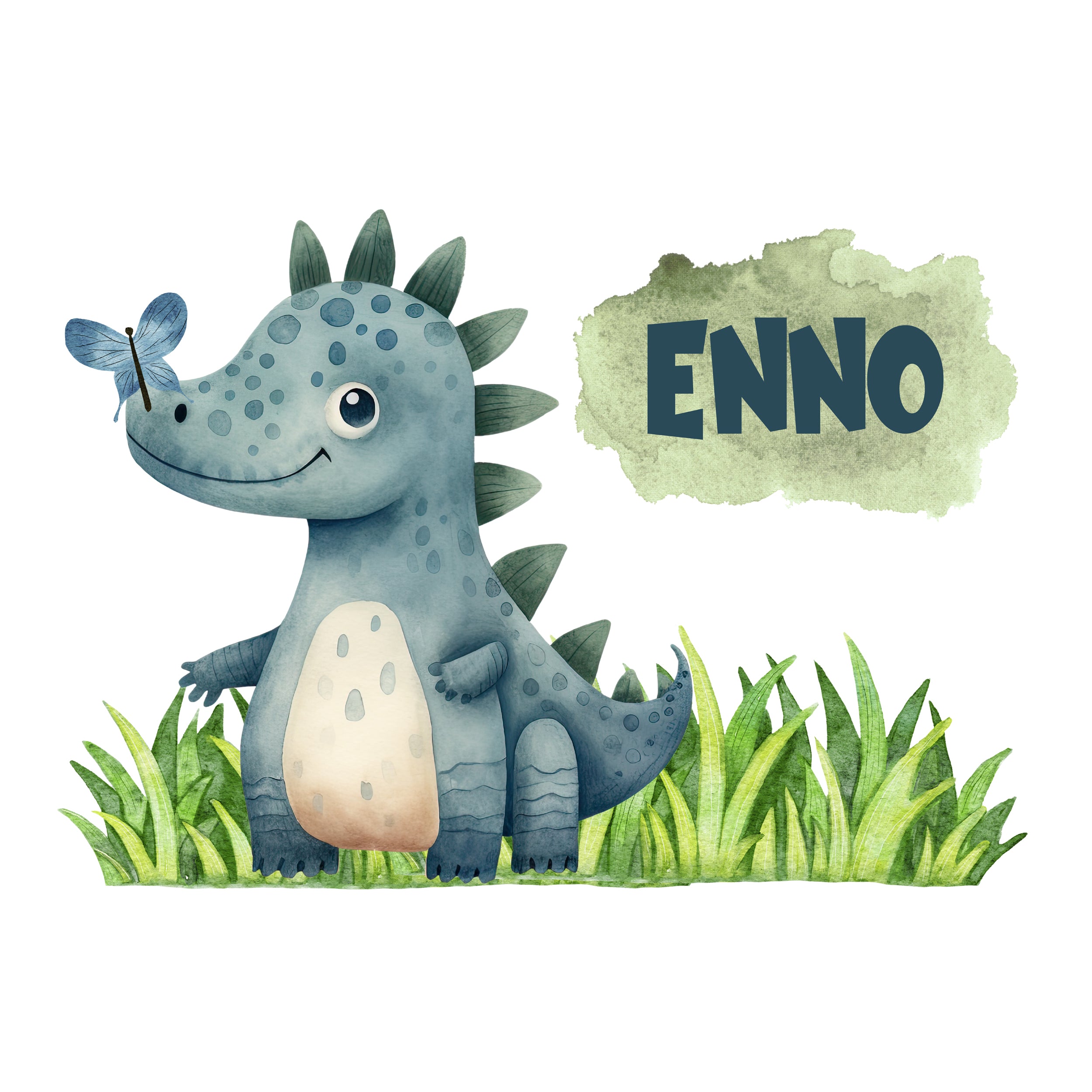 Wandtattoo mit blauem Dinosaurier, Gras und Wunschname