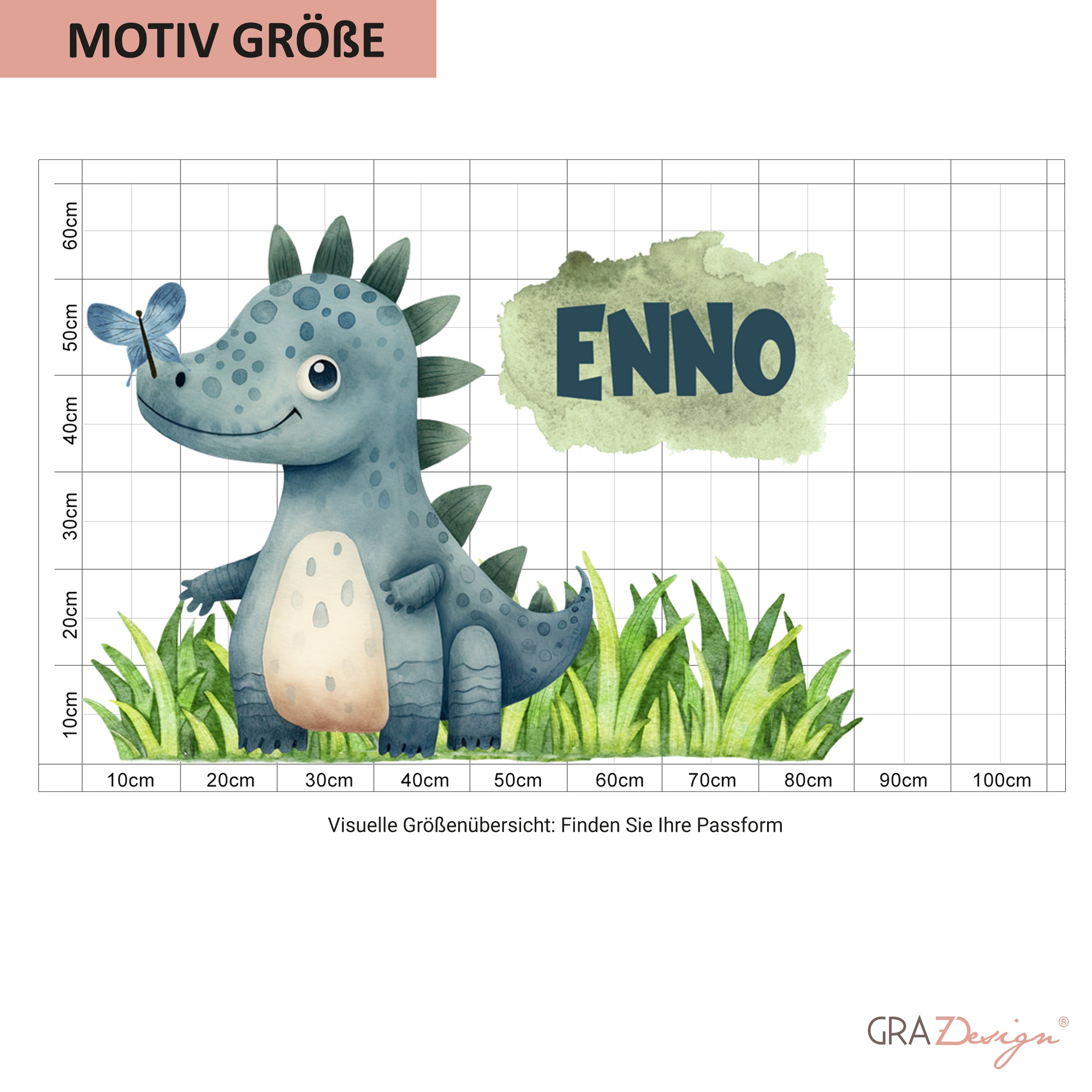 Größenübersicht zum Wandtattoo mit Dinosaurier und Wunschname