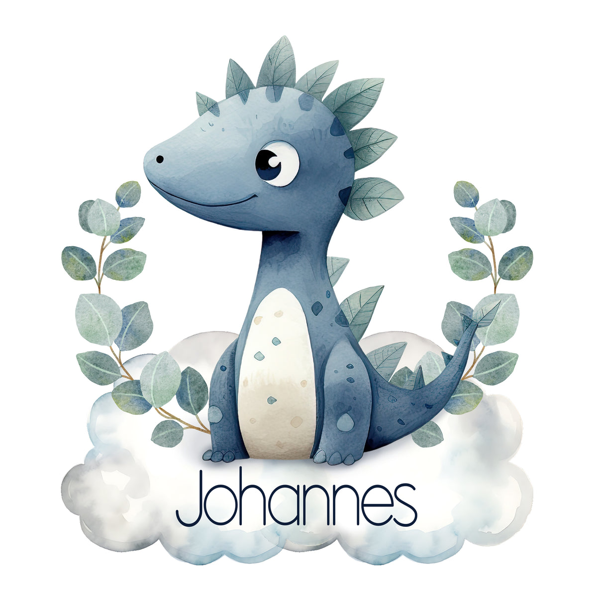 Wandtattoo mit blauem Dinosaurier auf Wolke und Wunschname