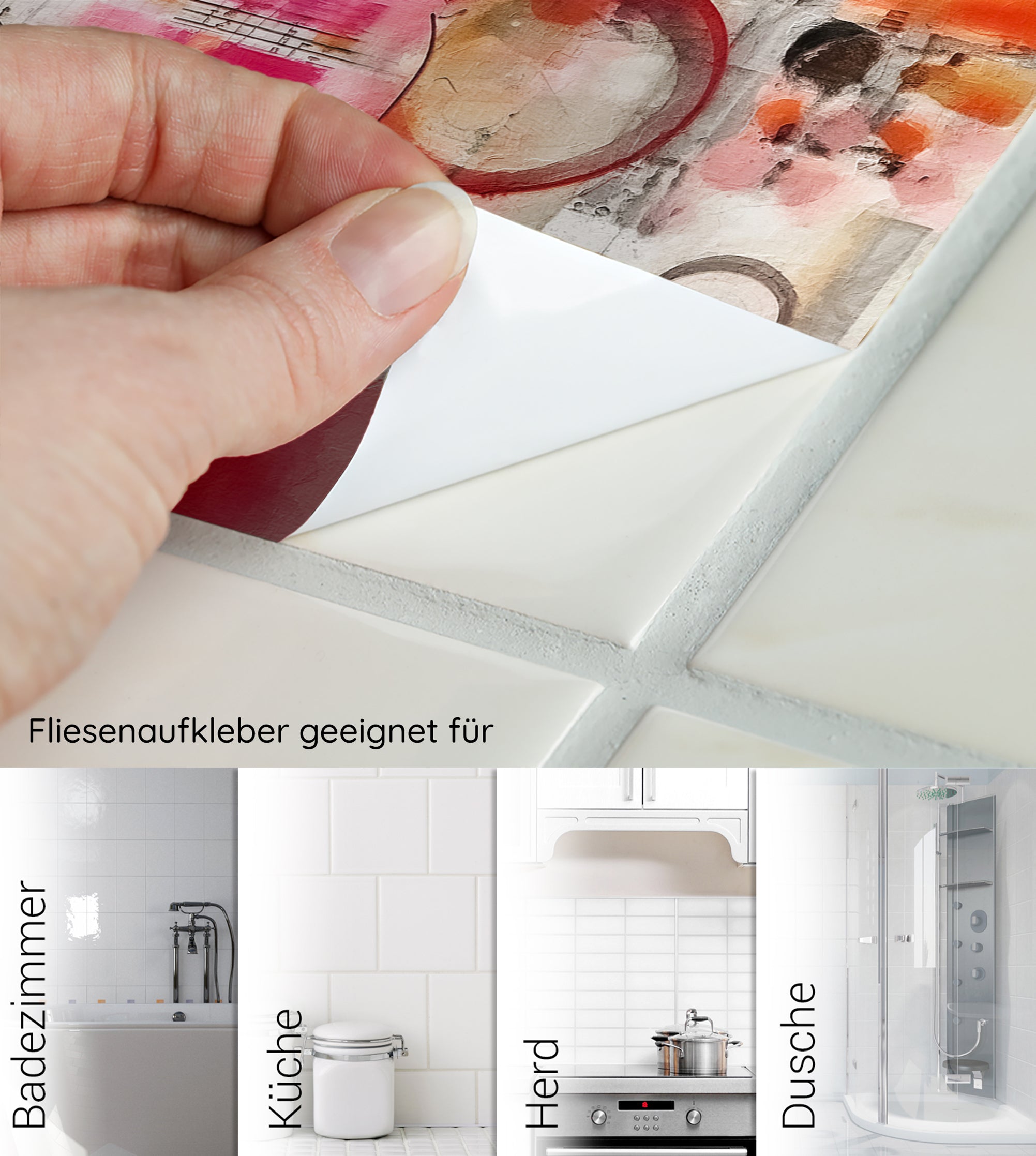 Fliesenaufkleber in bunten Farben für Badezimmer und Küche.