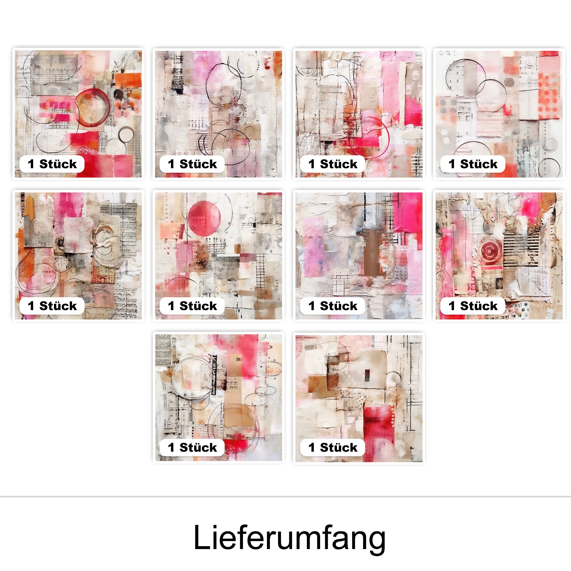 Abstrakte Kunstwerke in Beige, Rosa und Schwarz.