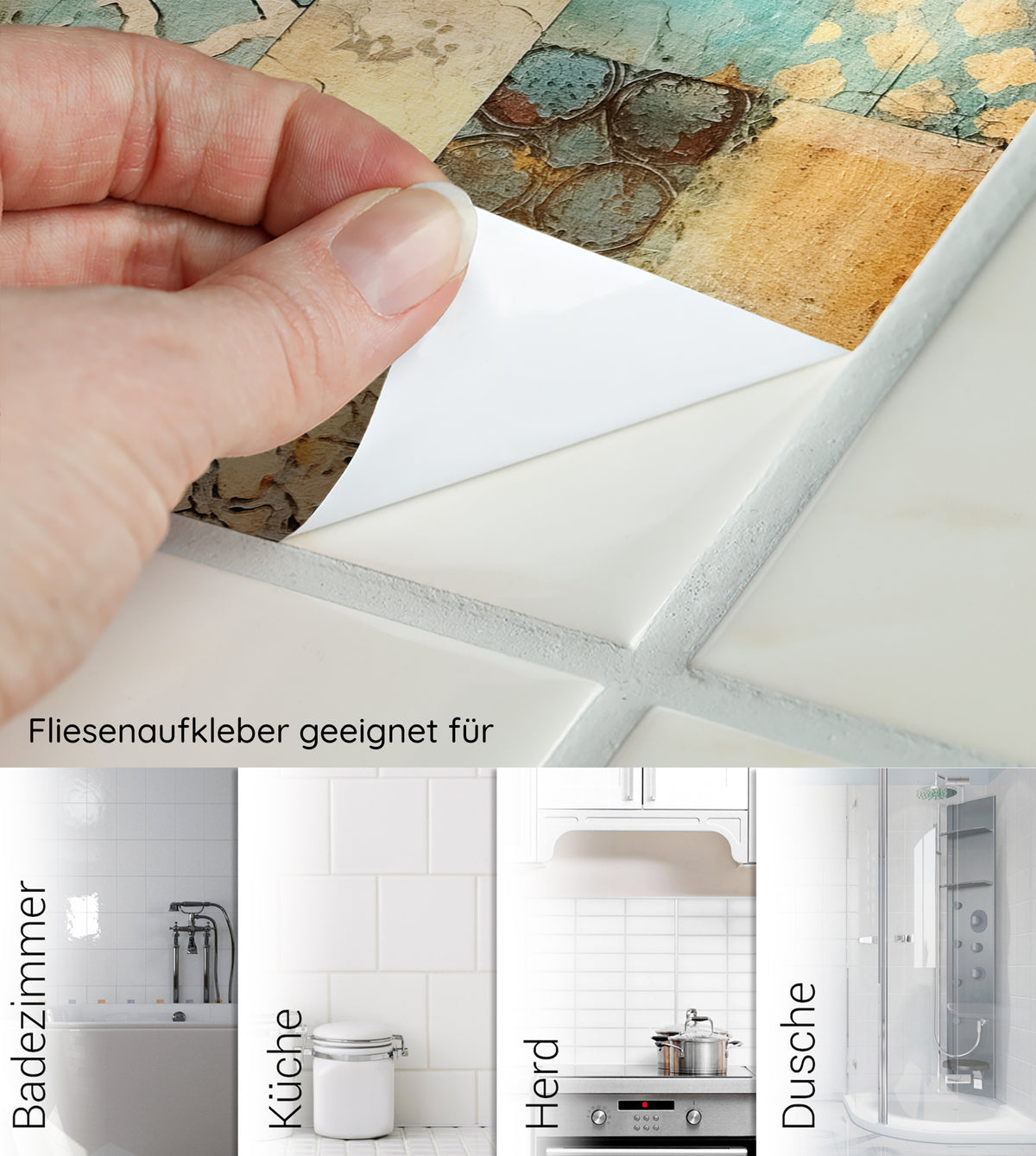 Fliesenaufkleber in Holz- und Steinoptik für Badezimmer, Küche, Dusche.