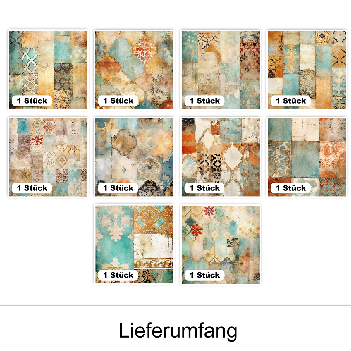 Bunte Fliesenmuster in Blau- und Erdtönen, 10 Stück.