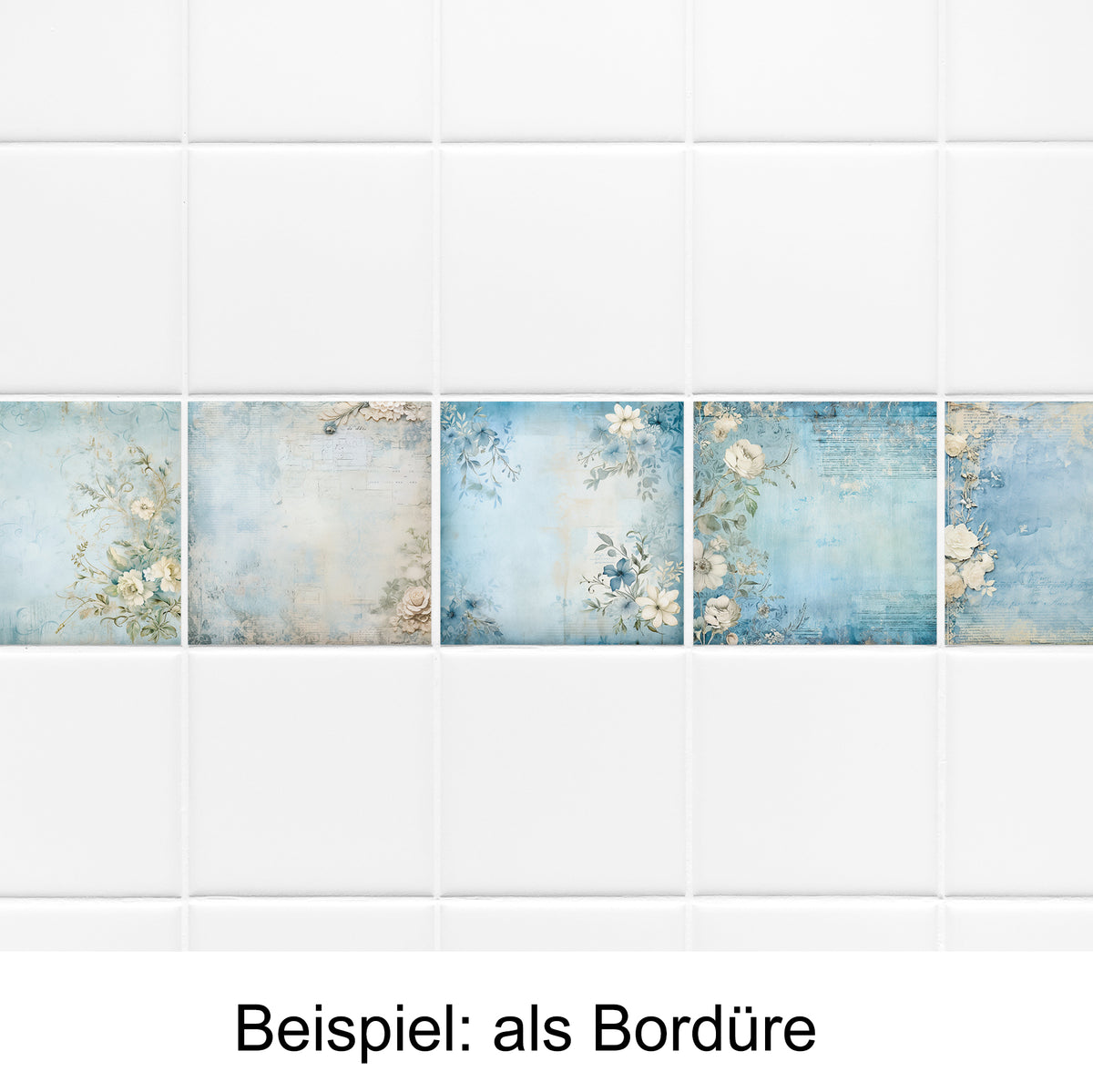 Fliesenbordüre in sanften Blau- und Cremetönen mit floralen Motiven.