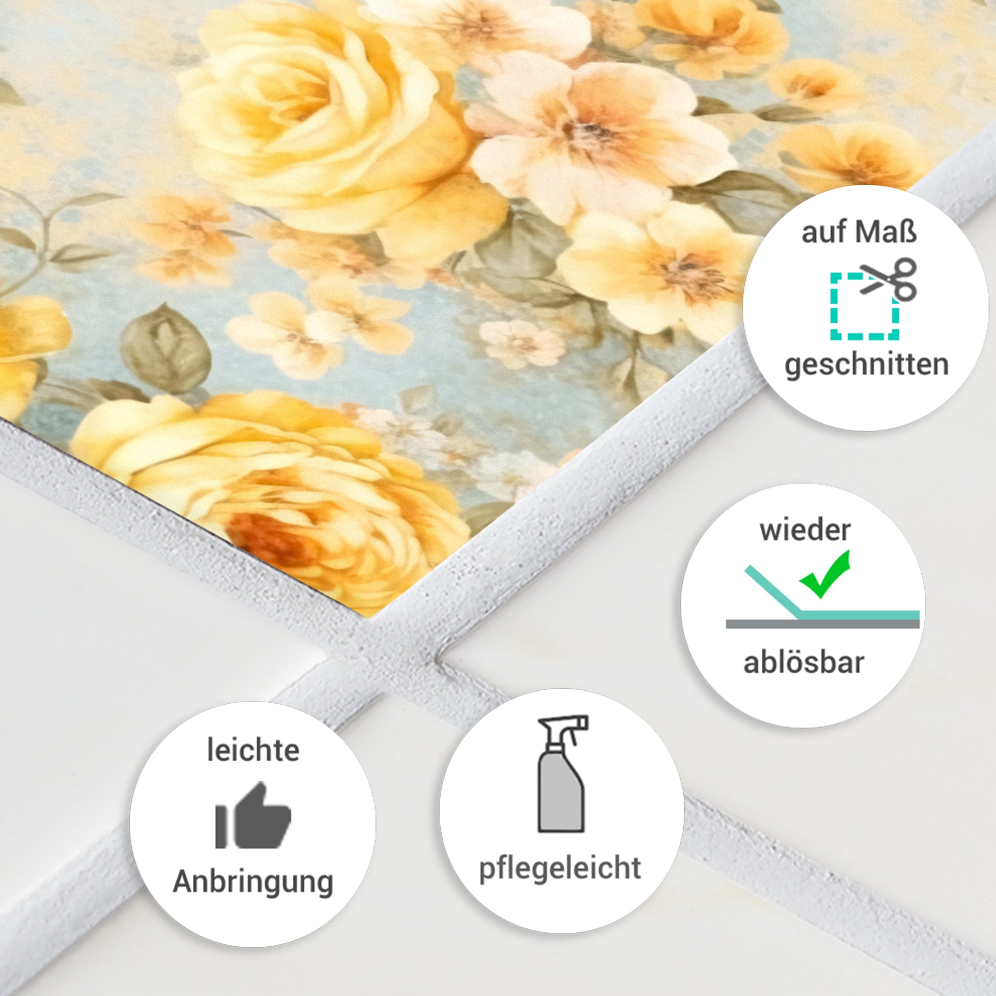 Blumenmotiv in Gelb und Blau, pflegeleicht und wiederablösbar.