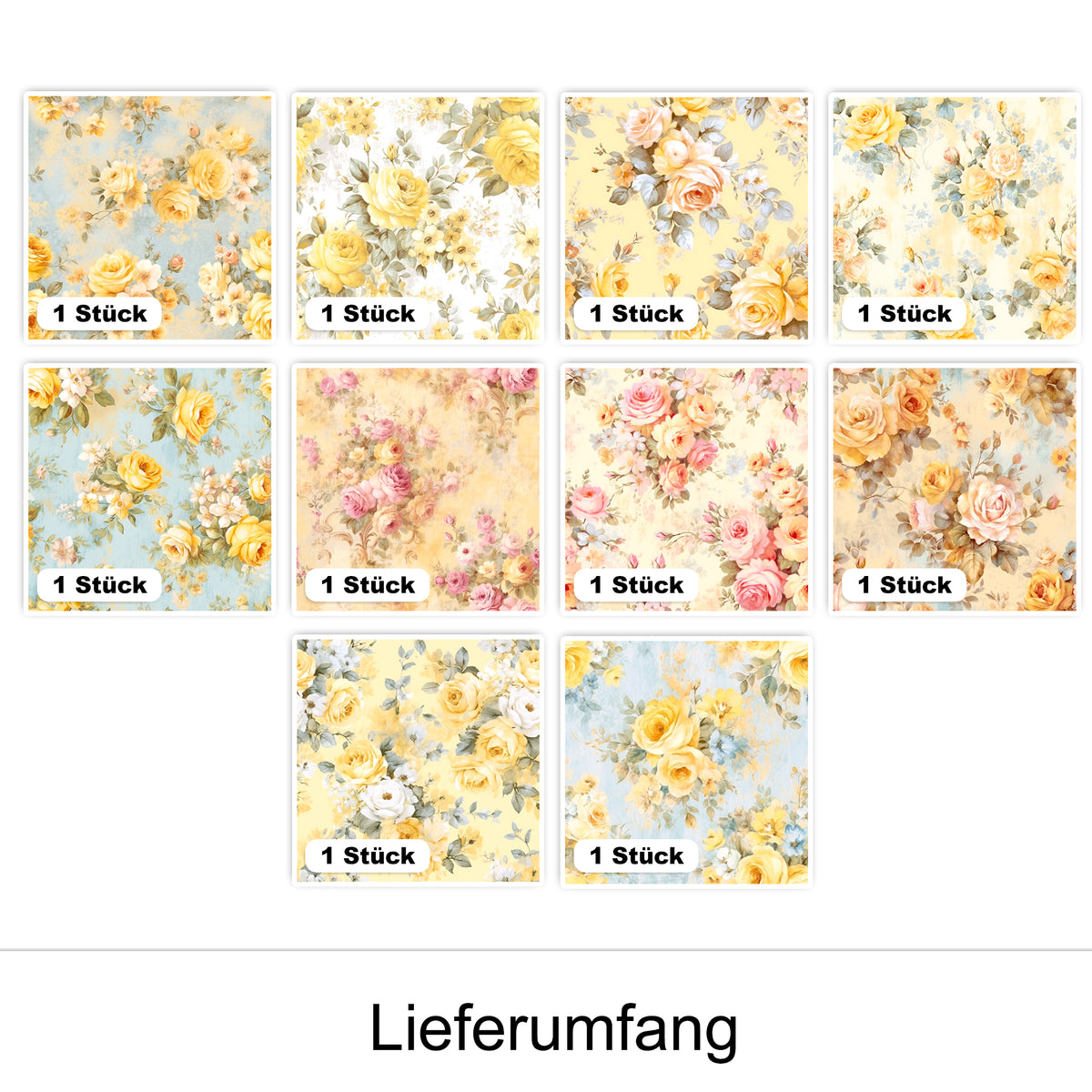 Blumenmuster in Gelb, Rosa und Blau, 10 Stück.