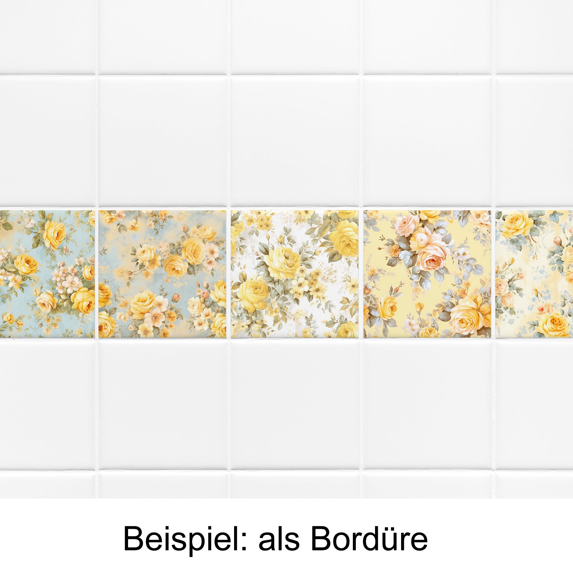 Fliesenbordüre mit floralen Mustern in Gelb und Blau.