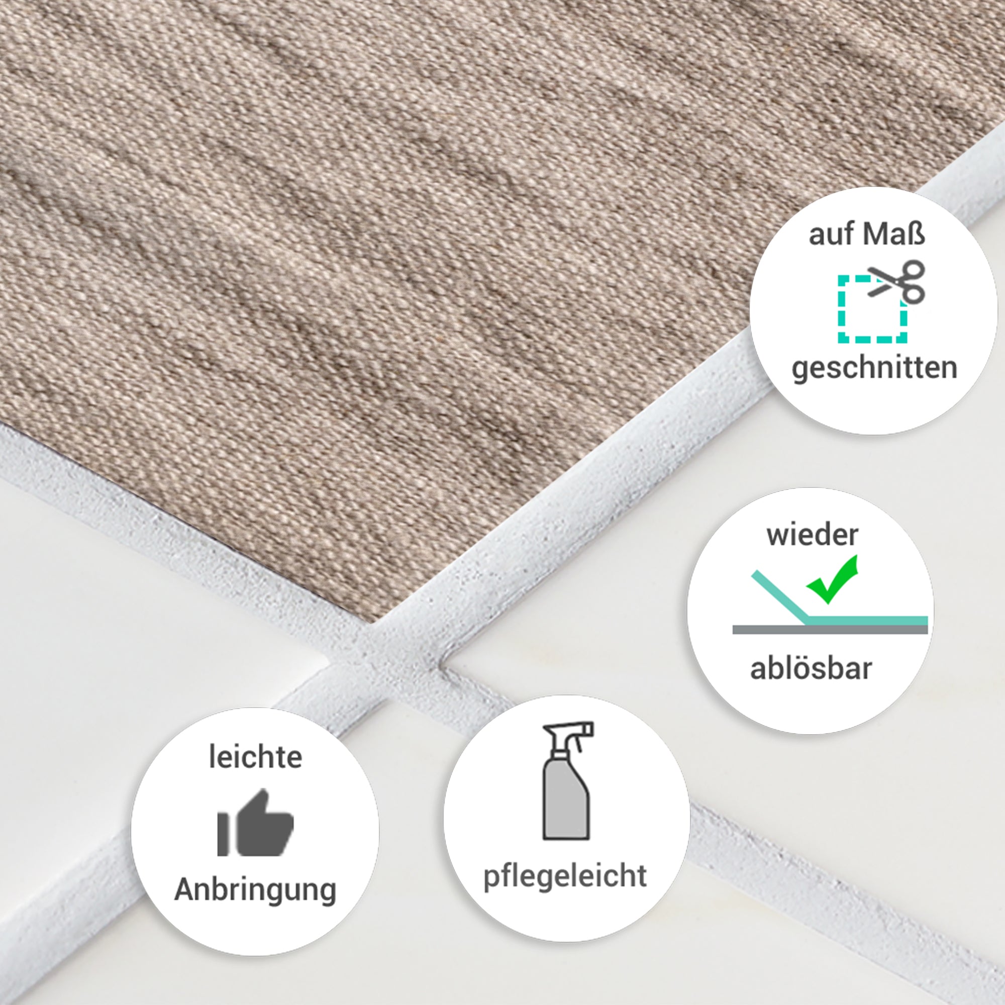 Beige, ablösbare Bodenbelagslösung, pflegeleicht und maßgeschneidert.