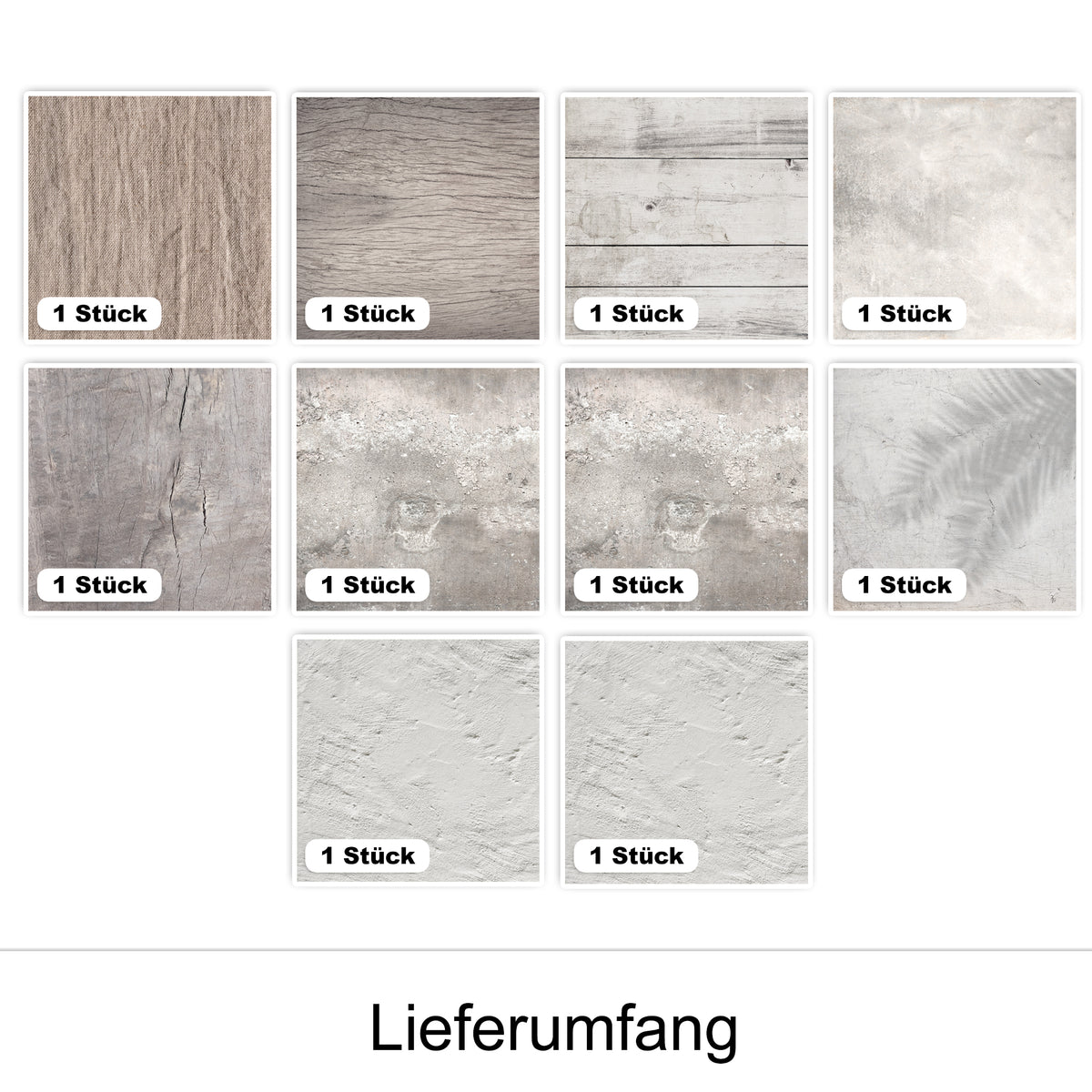 Dekorative Wandpaneele in verschiedenen Grautönen und Texturen.