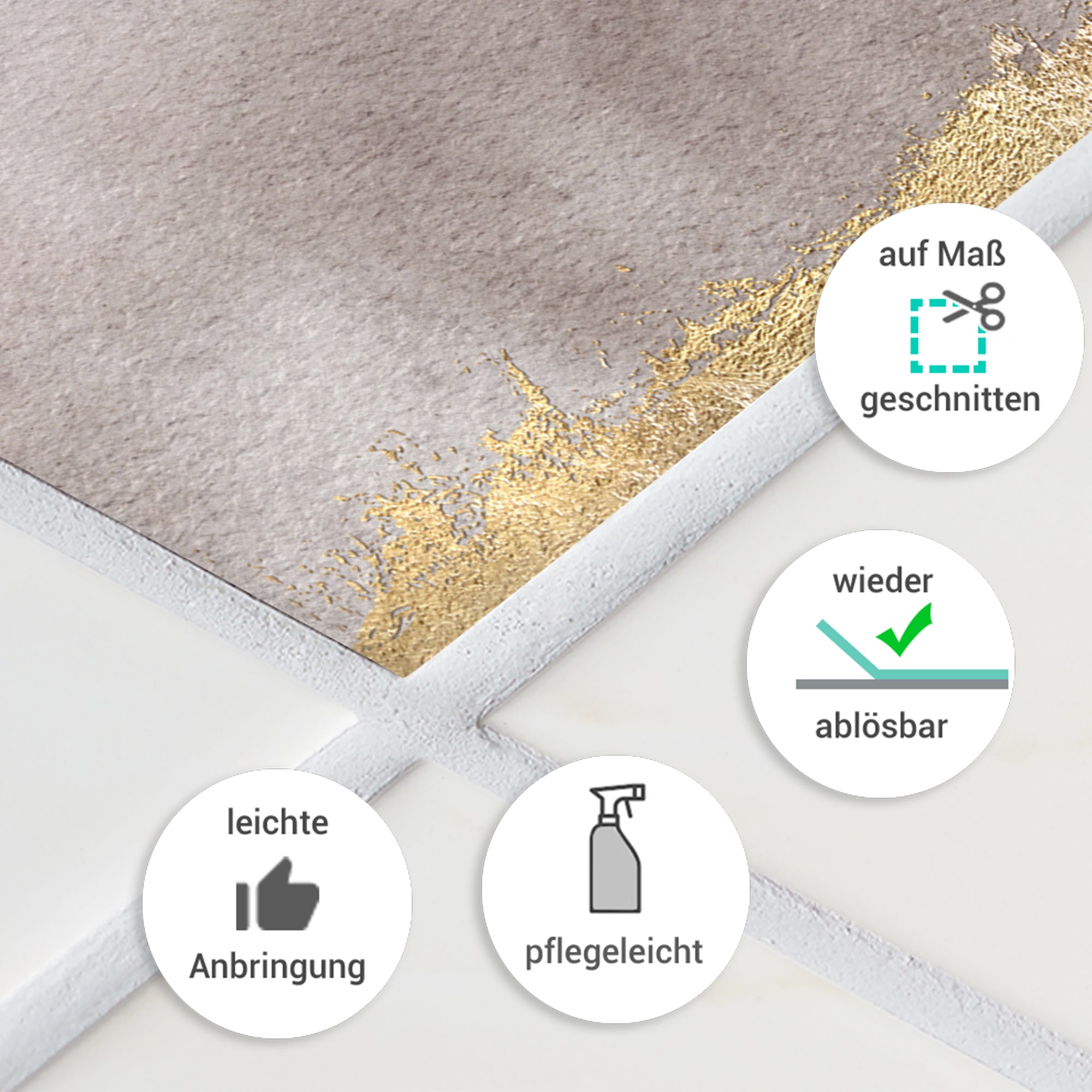 Tapete in Grau mit goldenen Akzenten, pflegeleicht und wiederablösbar.