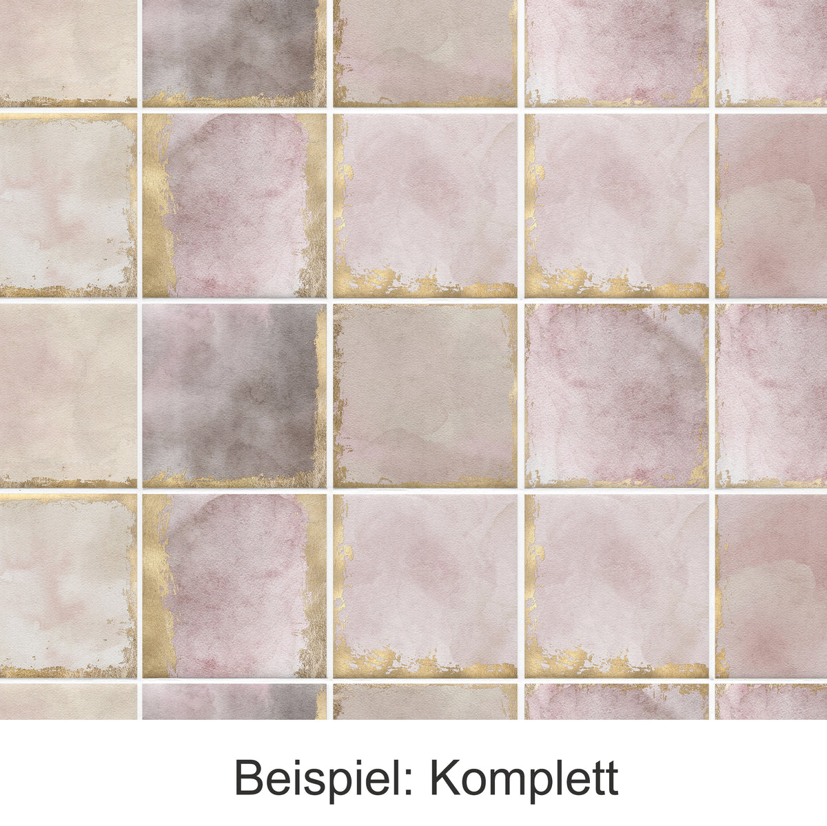 Fliesenmuster in sanften Rosa- und Grautönen mit goldenen Akzenten.
