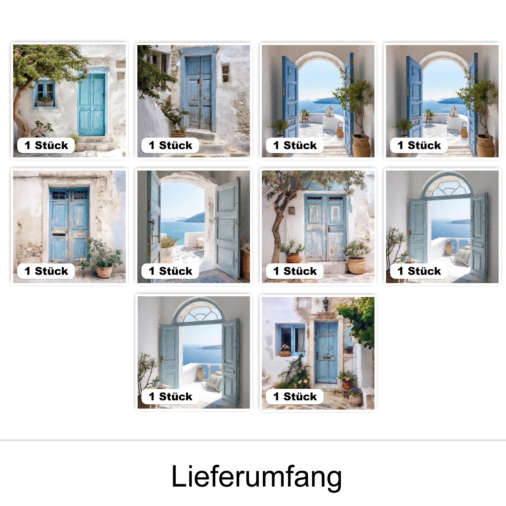 Blaue Türen vor mediterraner Kulisse, verschiedene Perspektiven.
