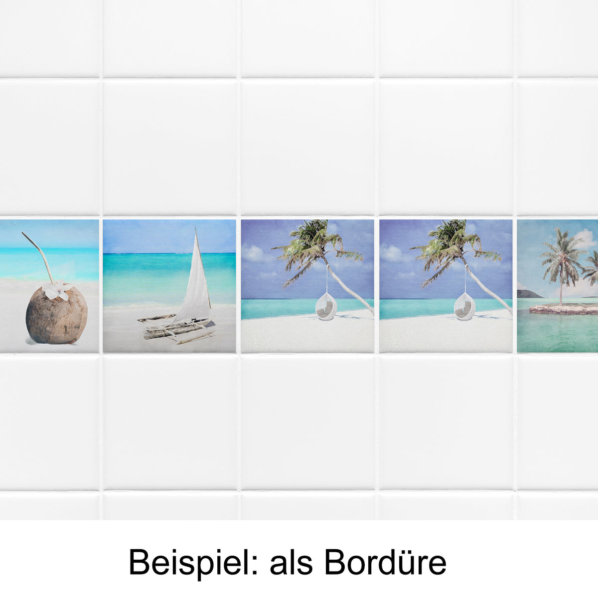 Bunte Fliesenbordüre mit Strandmotiven und Kokosnuss.