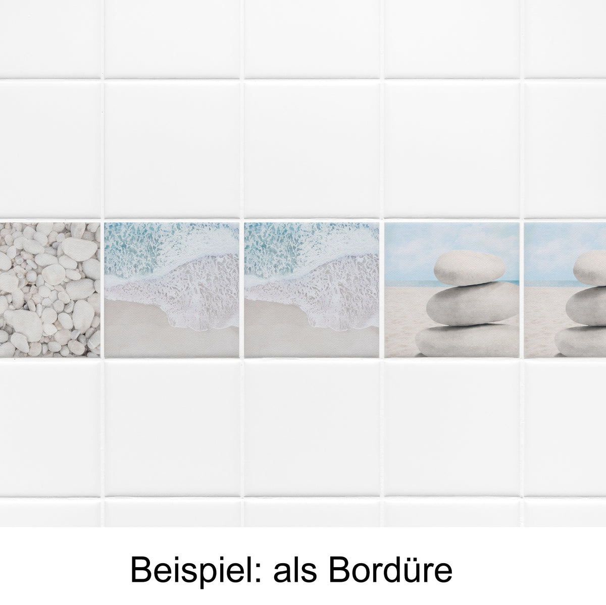 Fliesenbordüre mit Steinen, Wasser und Strandmotiven.