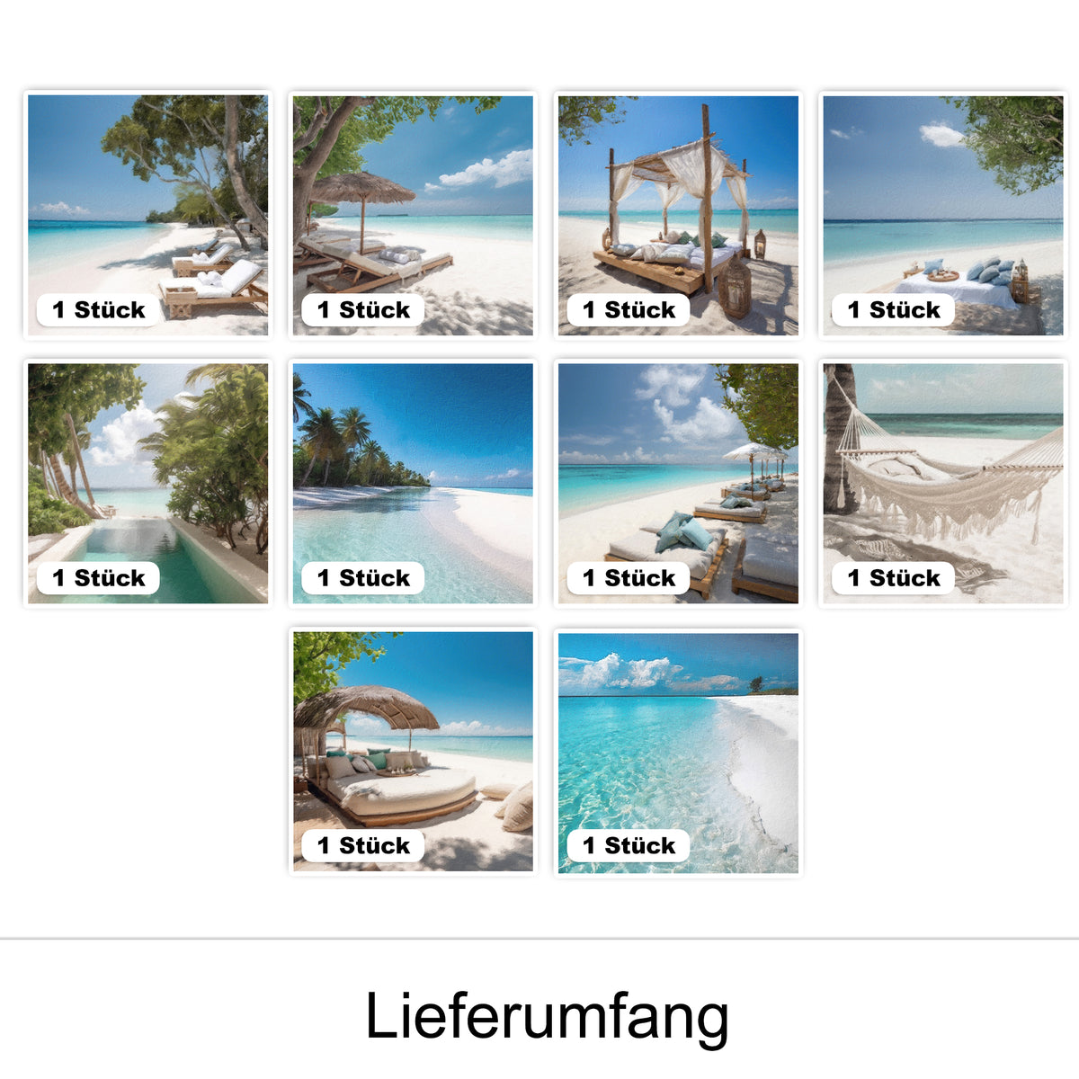 Tropische Strandlandschaften mit Liegen und Sonnenschirmen.