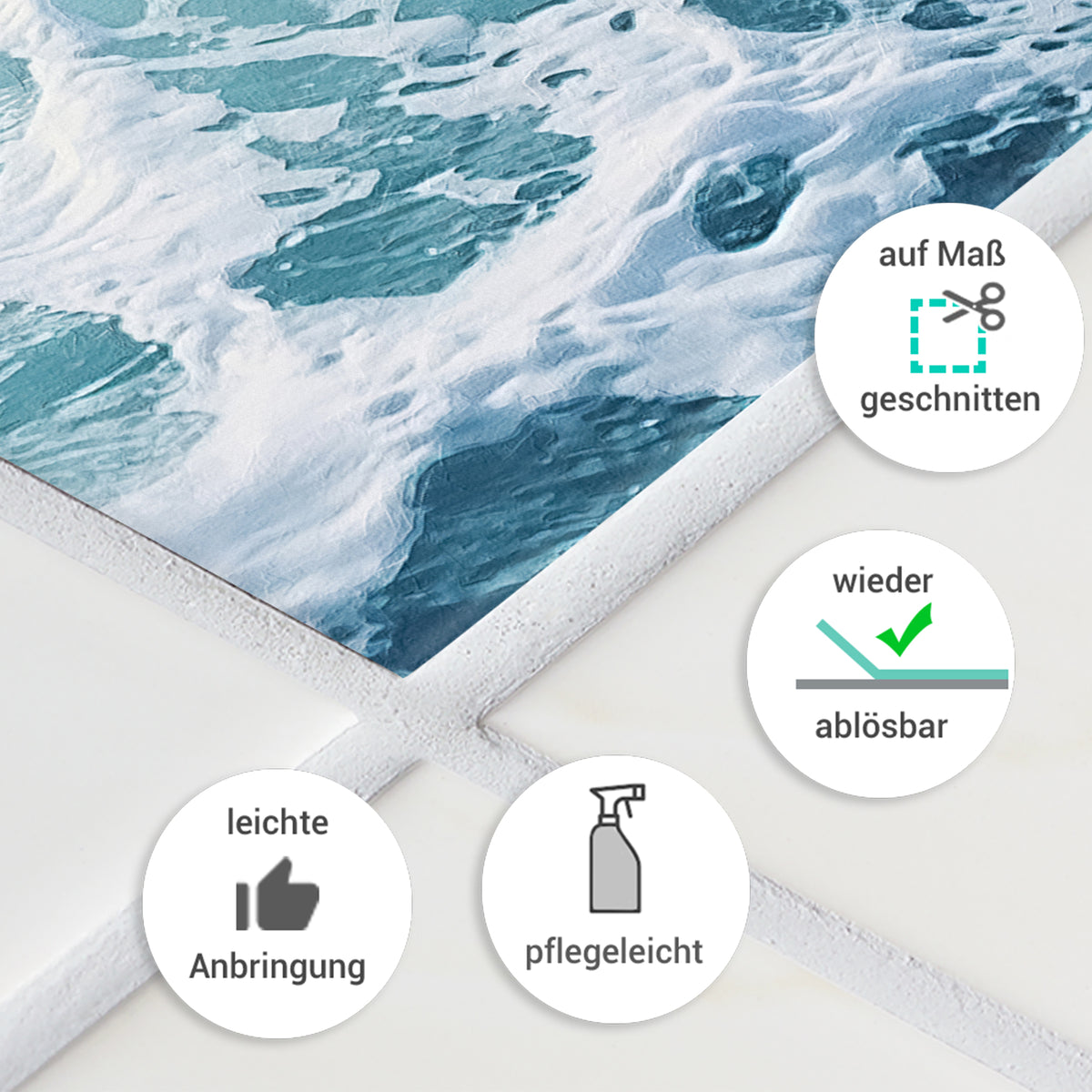 Wandtattoo Wasserwellen, blau-weiße Farben, pflegeleicht, ablösbar.