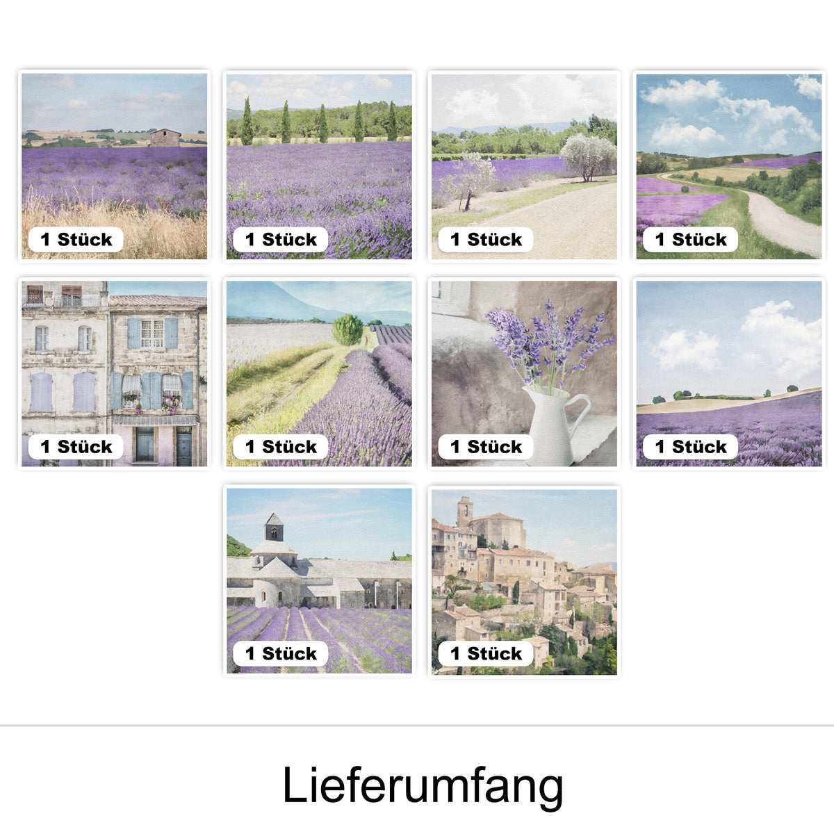 Lavendelfelder, ländliche Landschaften, sanfte Pastellfarben.