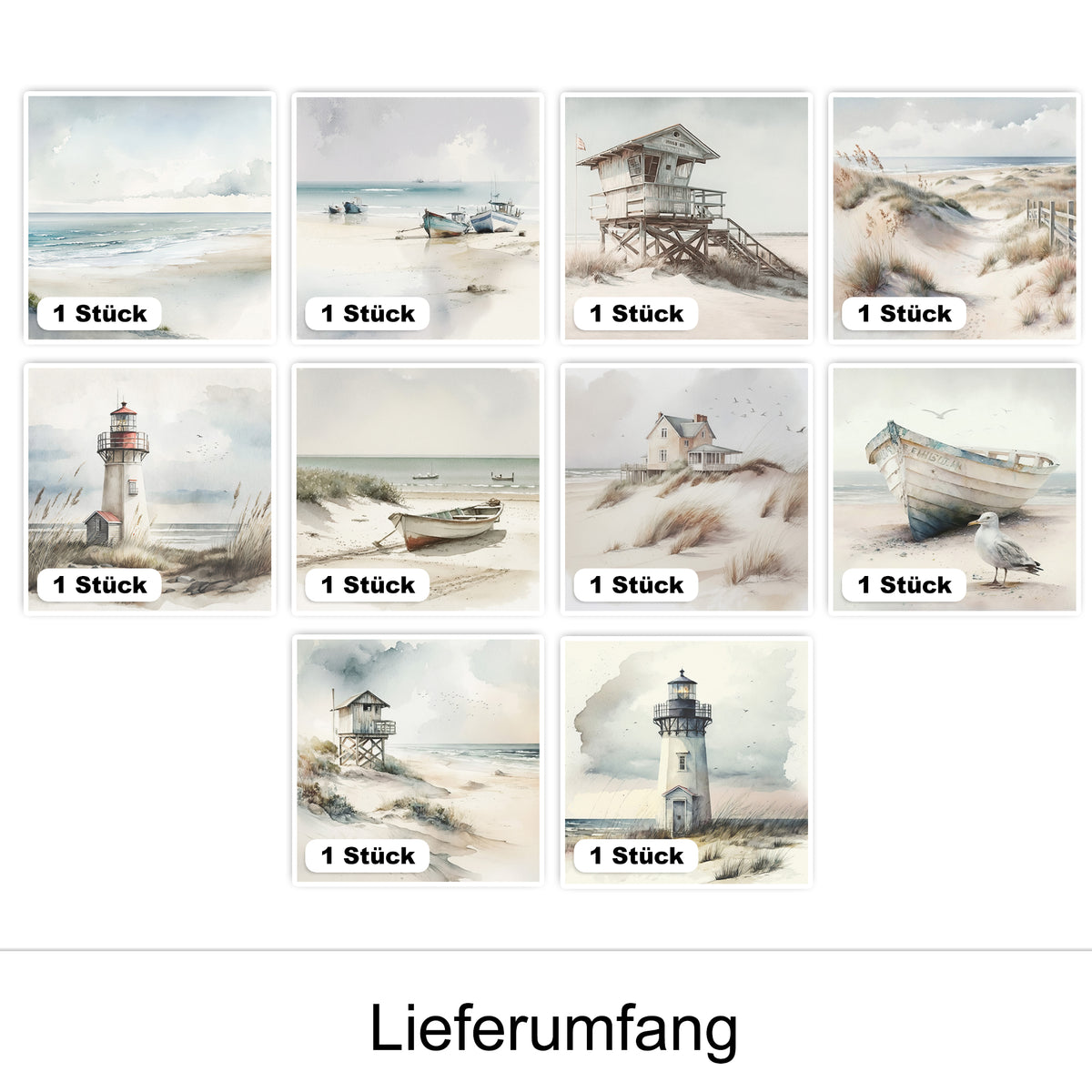 Aquarellbilder von Leuchttürmen und Booten in sanften Farben.