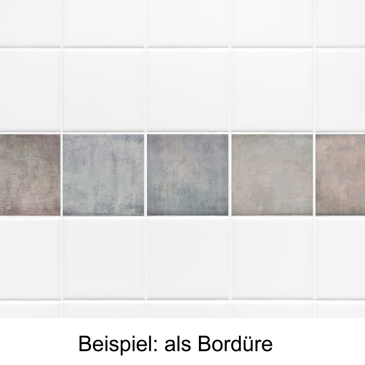 Fliesenbordüre in Grau- und Beigetönen, strukturierte Oberfläche.