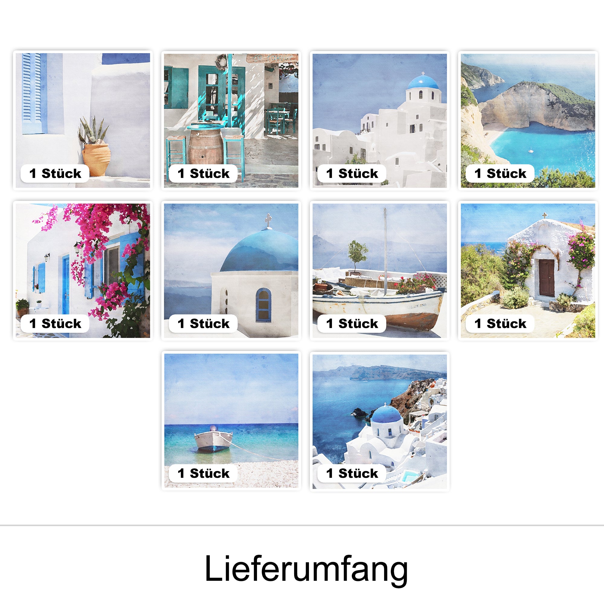 Santorin-Motive in Blau- und Weißtönen, mediterrane Landschaften.