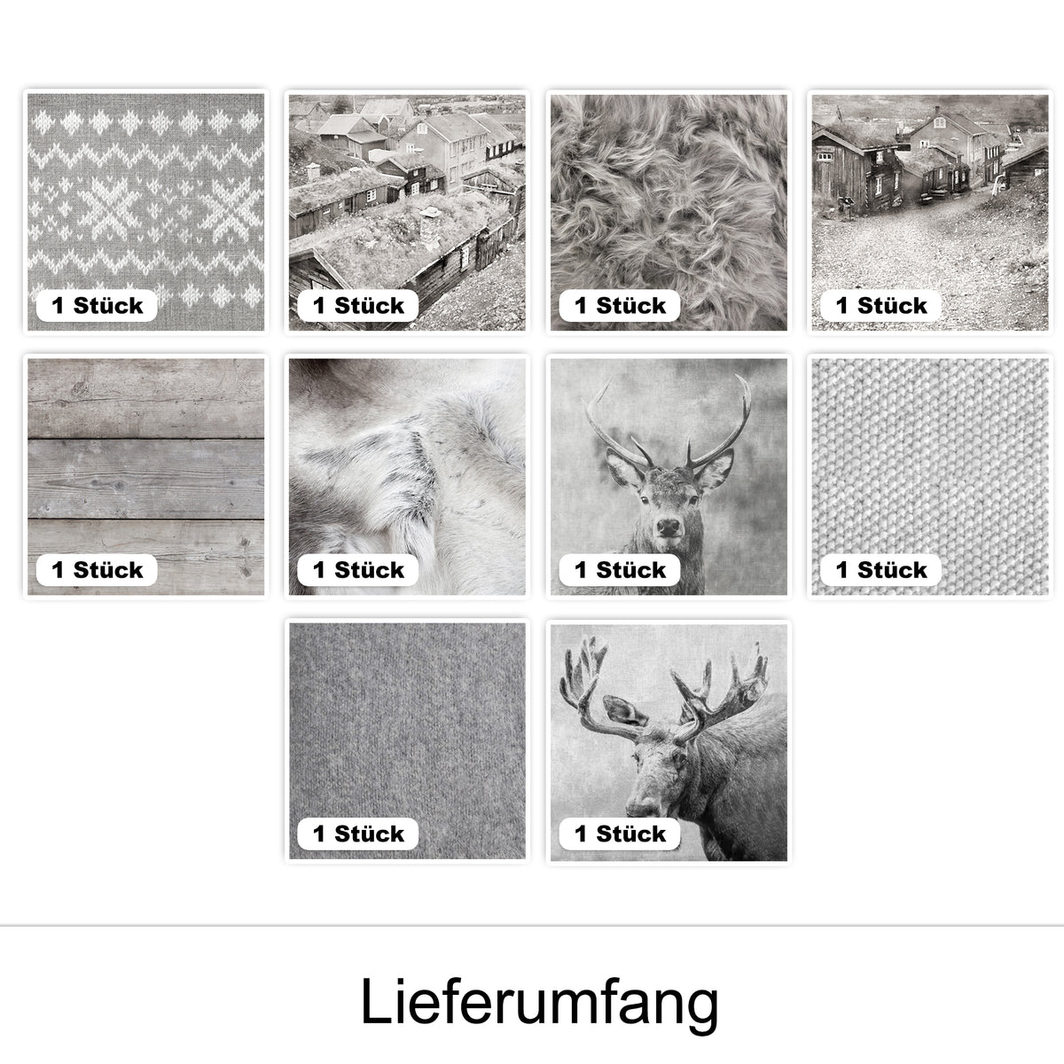 Verschiedene graue Texturen und Muster in quadratischen Bildern.