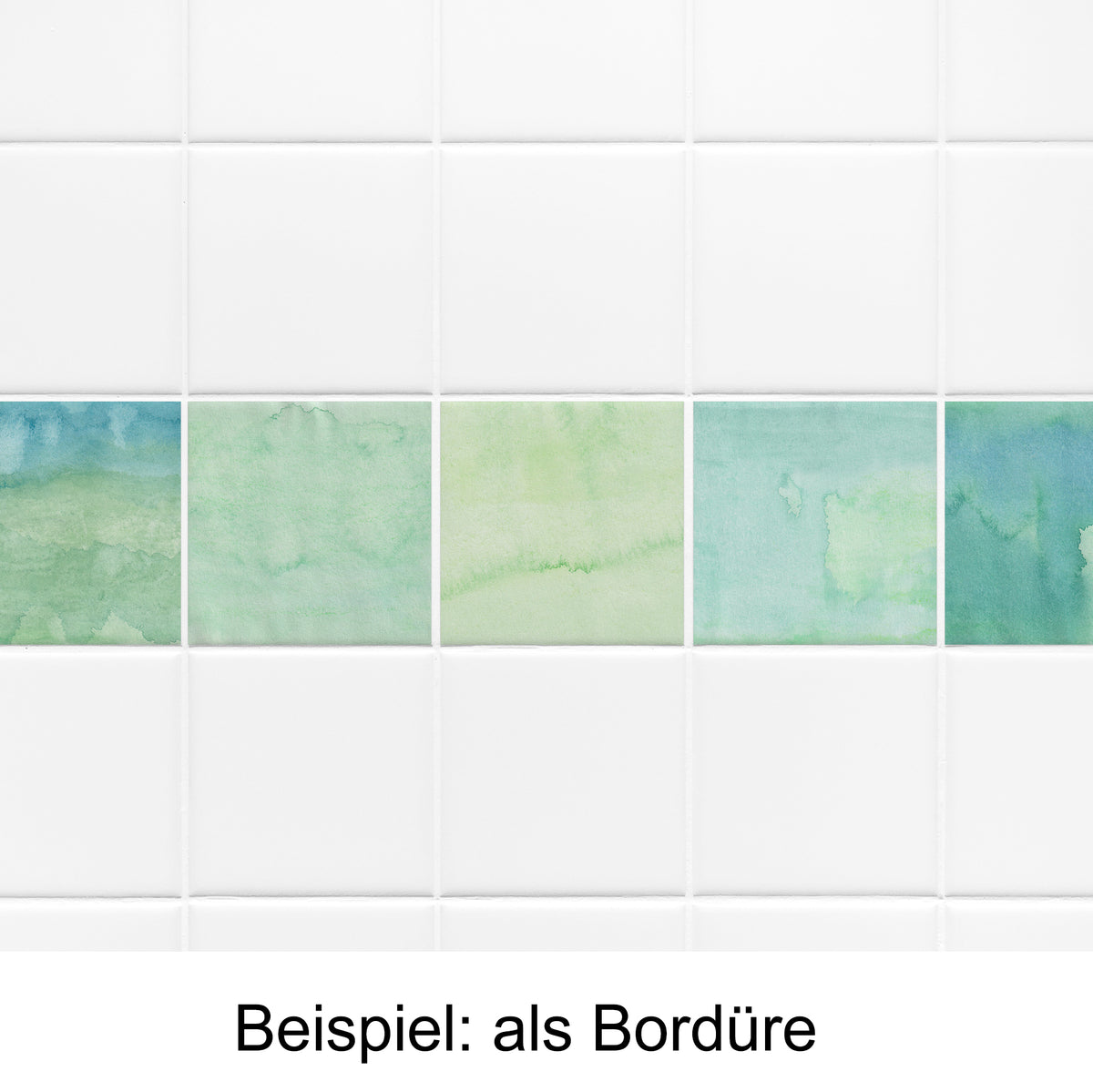 Wasserfarbene Fliesenbordüre in Grün- und Blautönen.