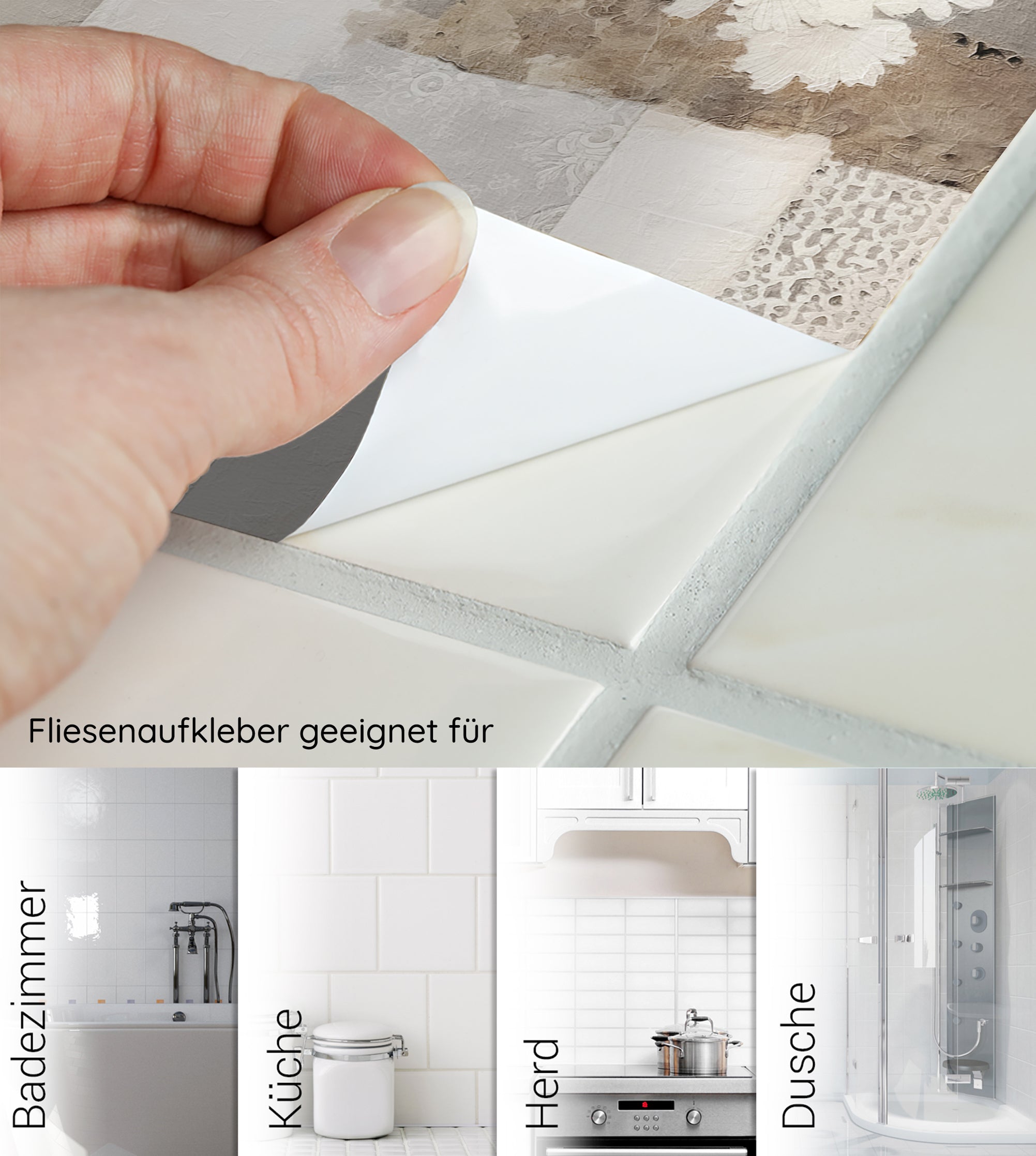 Fliesenaufkleber in neutralen Farben für verschiedene Anwendungen.