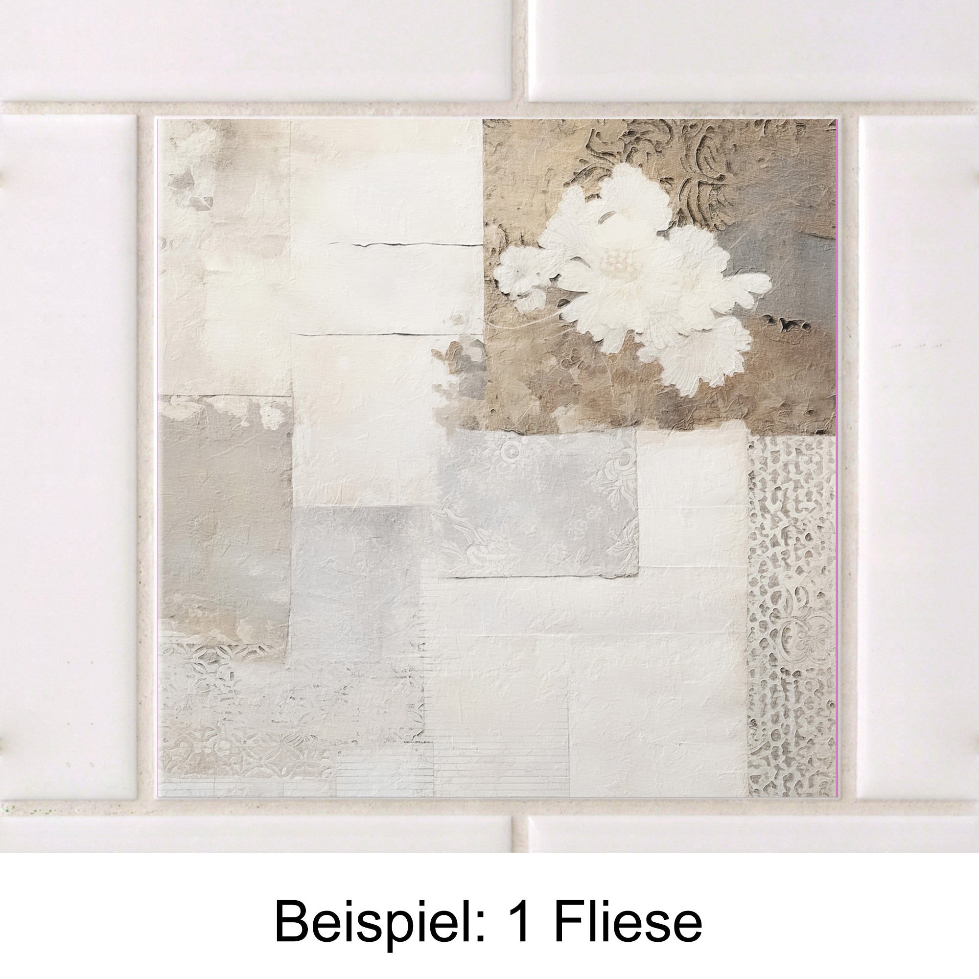 Dekorative Fliese in Weiß- und Grautönen mit floralem Muster.