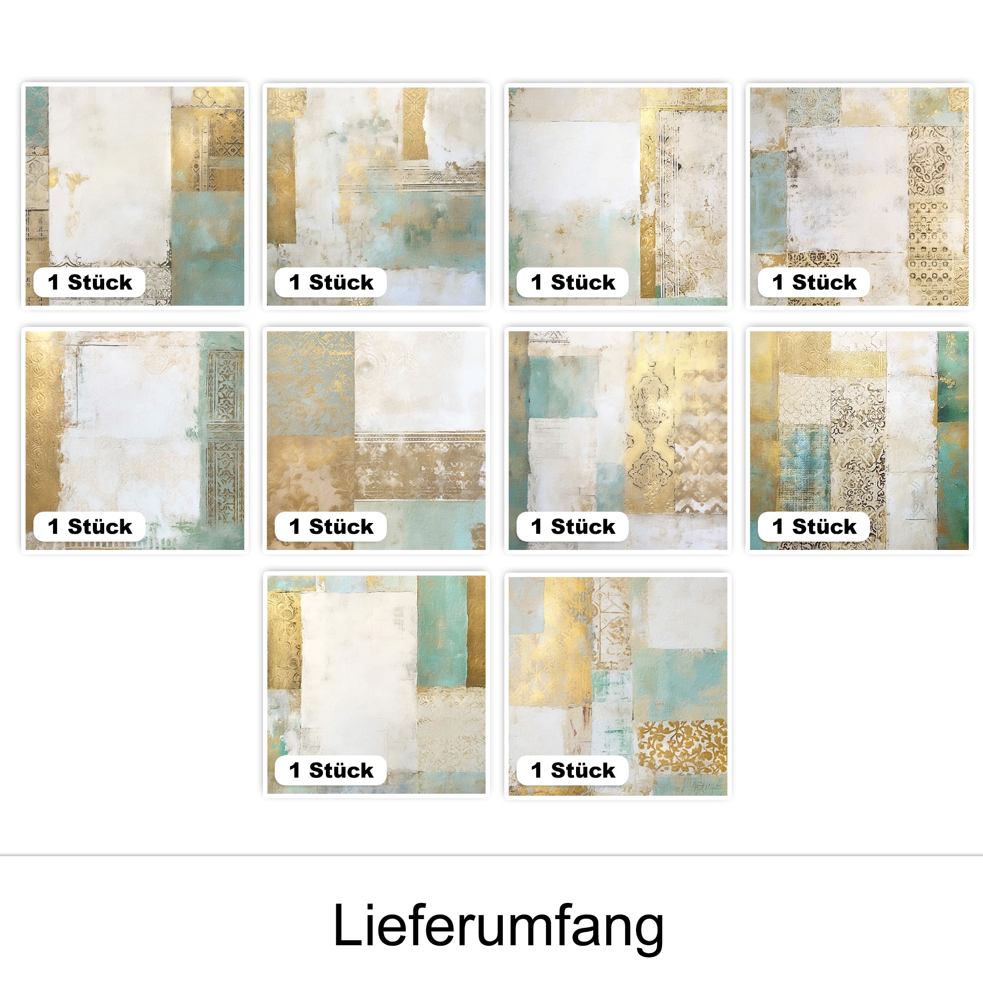 Dekorative Papiere in Gold- und Türkistönen, 10 Stück.