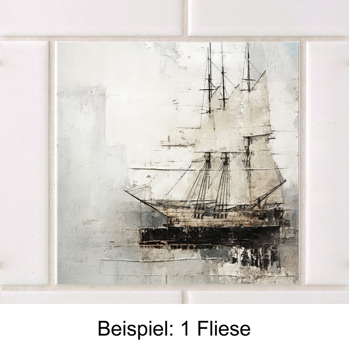 Schiff mit weißen Segeln auf grauem Hintergrund.