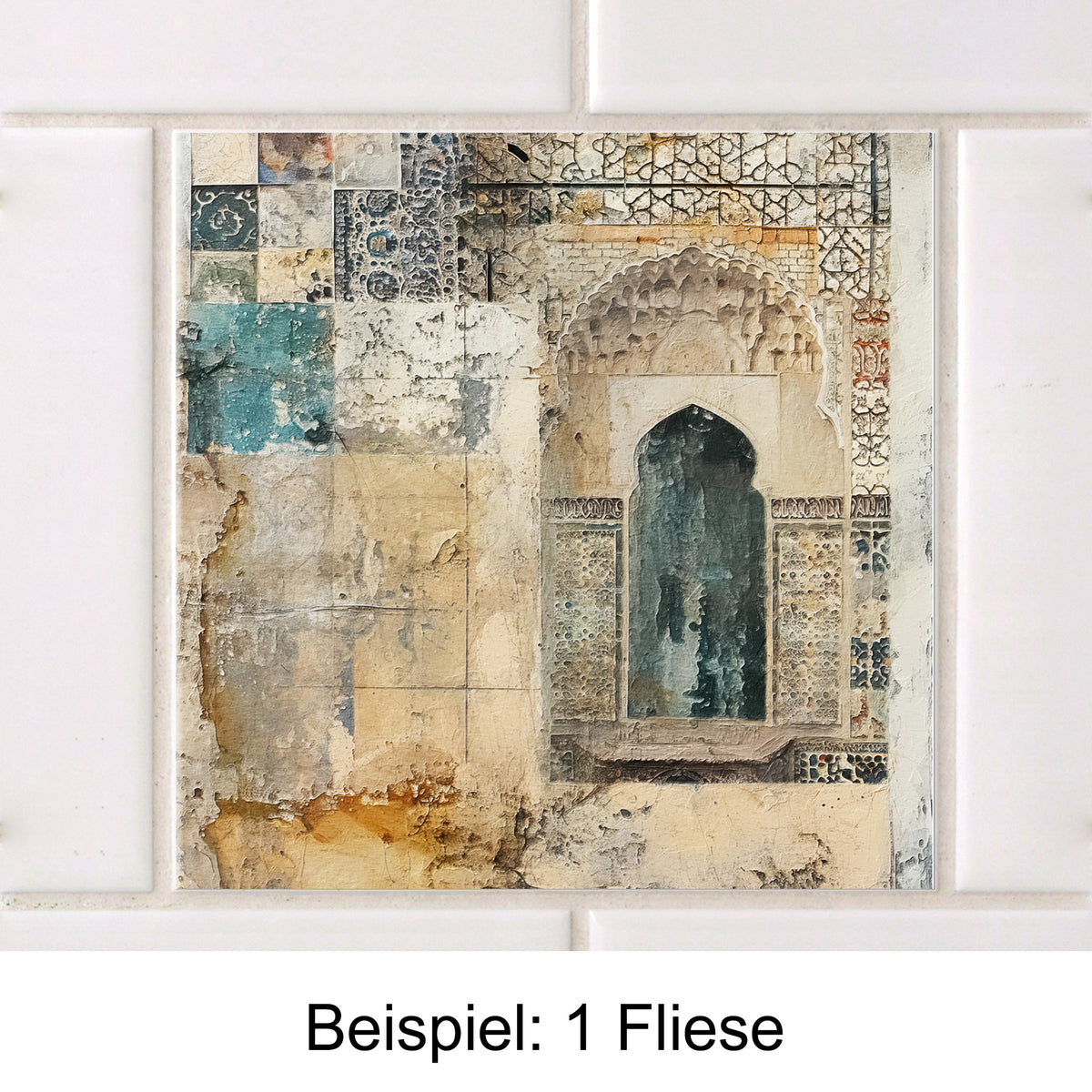 Fliese mit orientalischem Muster und blauen Akzenten.