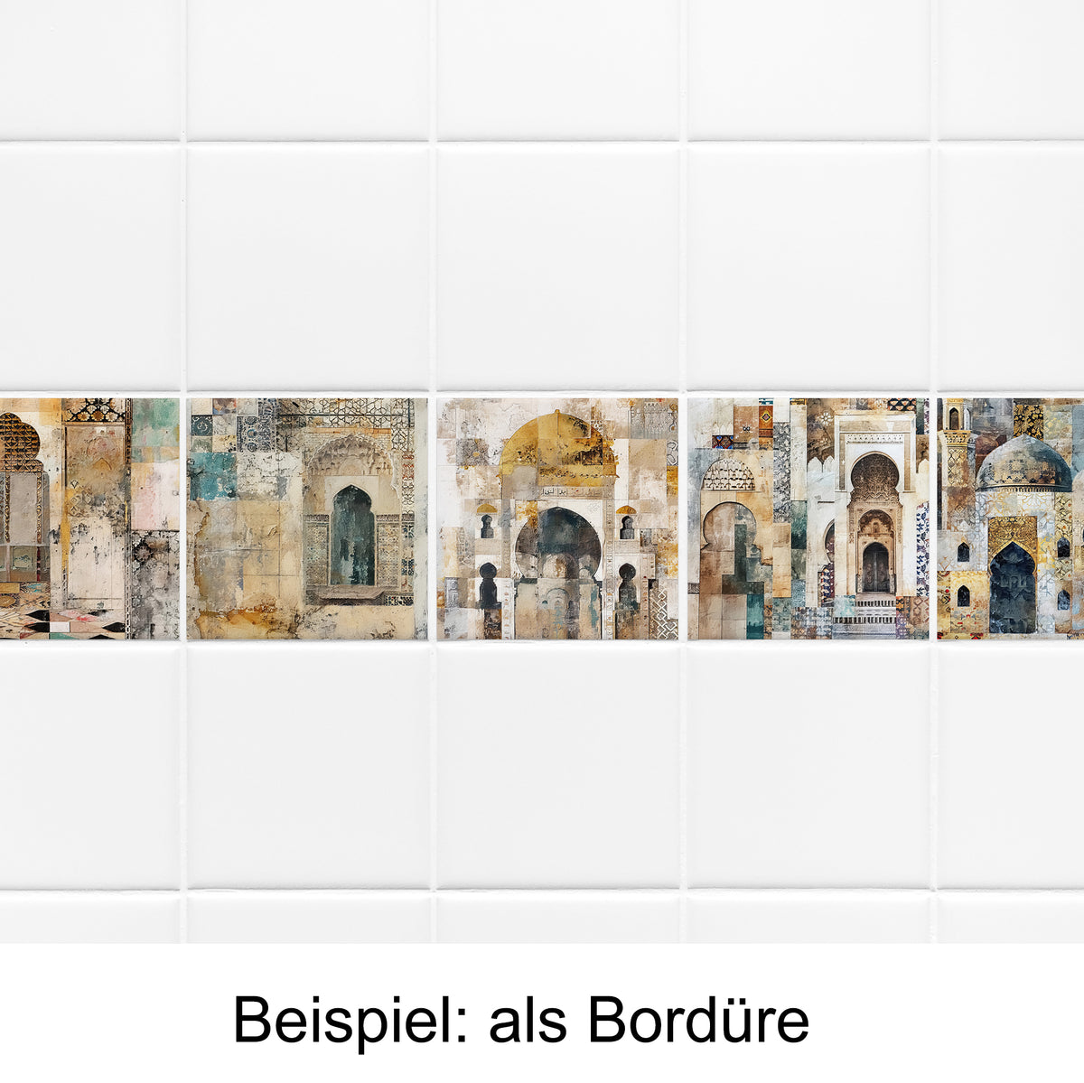Bunte Fliesenbordüre mit architektonischen Motiven.