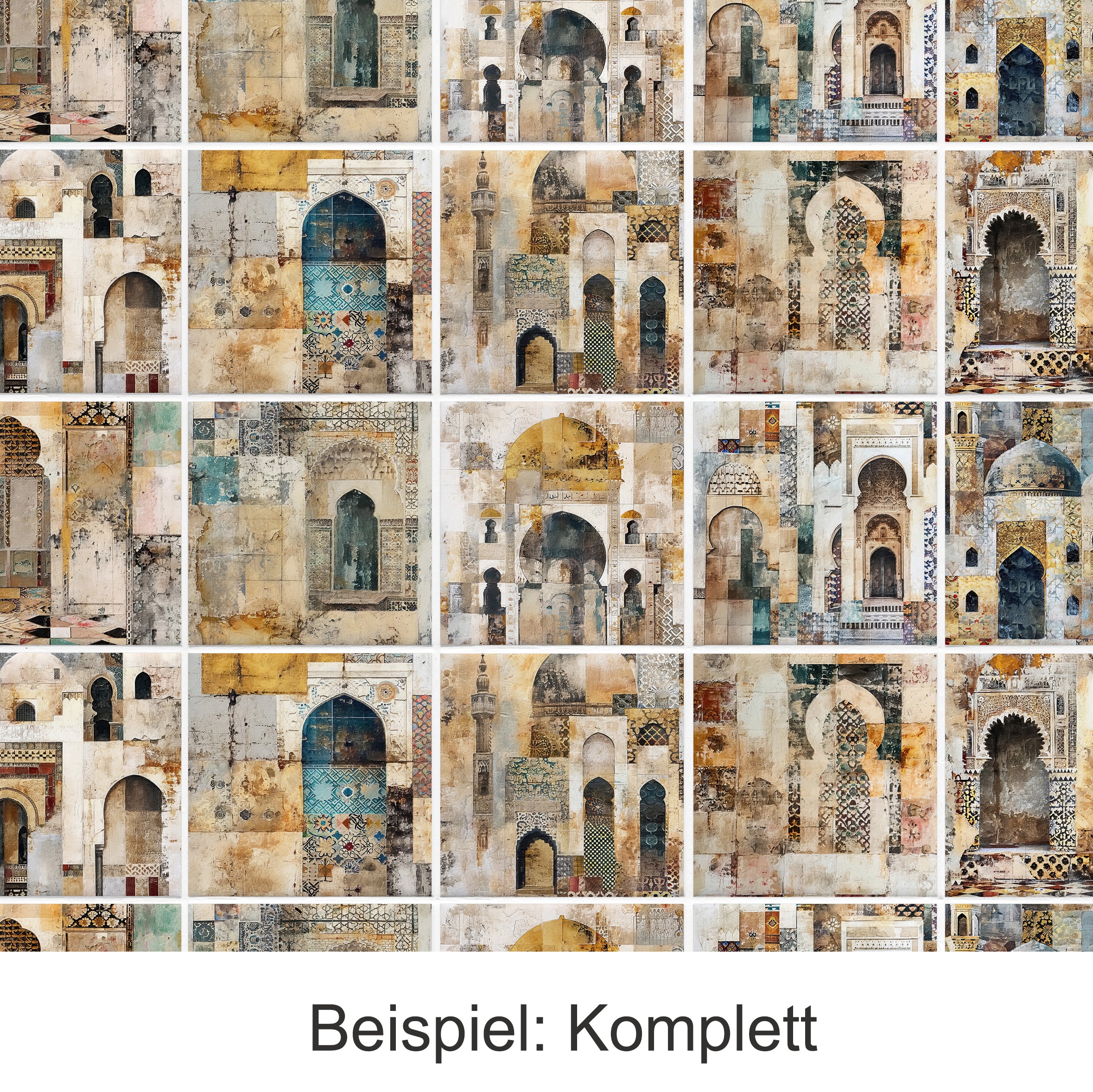 Mosaik aus historischen Torbögen in Erdtönen.