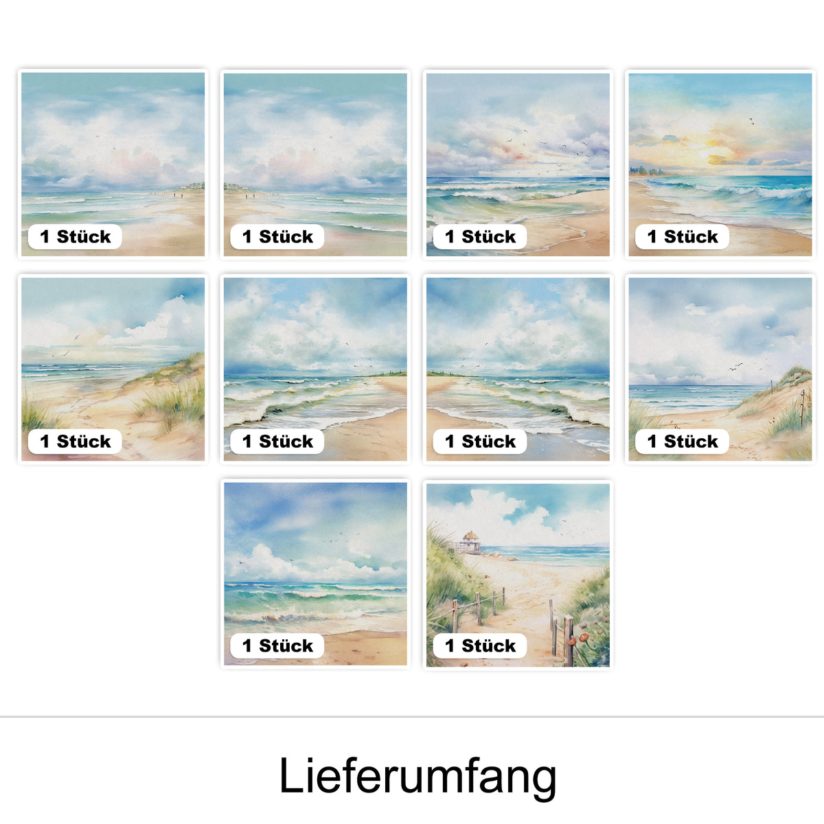 Aquarellbilder von Strandszenen in sanften Blau- und Grüntönen.